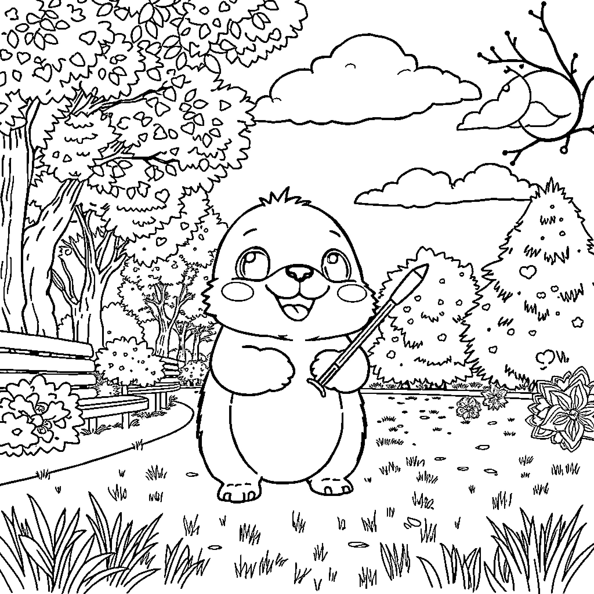 Bear enjoying a day in nature Coloring Page (free black-and-white line drawing printable PDF for all, from beginners to advanced learners, including children, teens, adults, and seniors)
