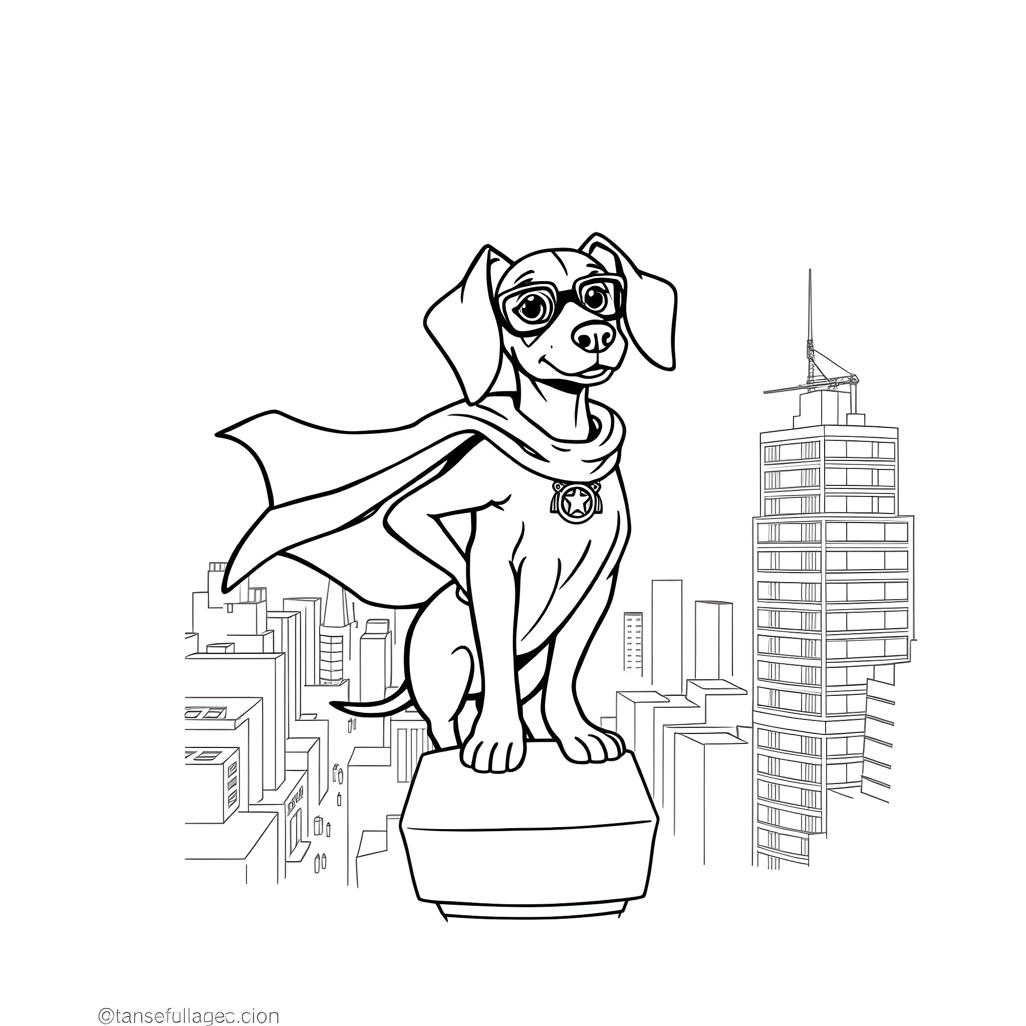 Wiener Dog Superdog Saving the City Coloring Page (free black-and-white line drawing printable PDF for all, from beginners to advanced learners, including children, teens, adults, and seniors)