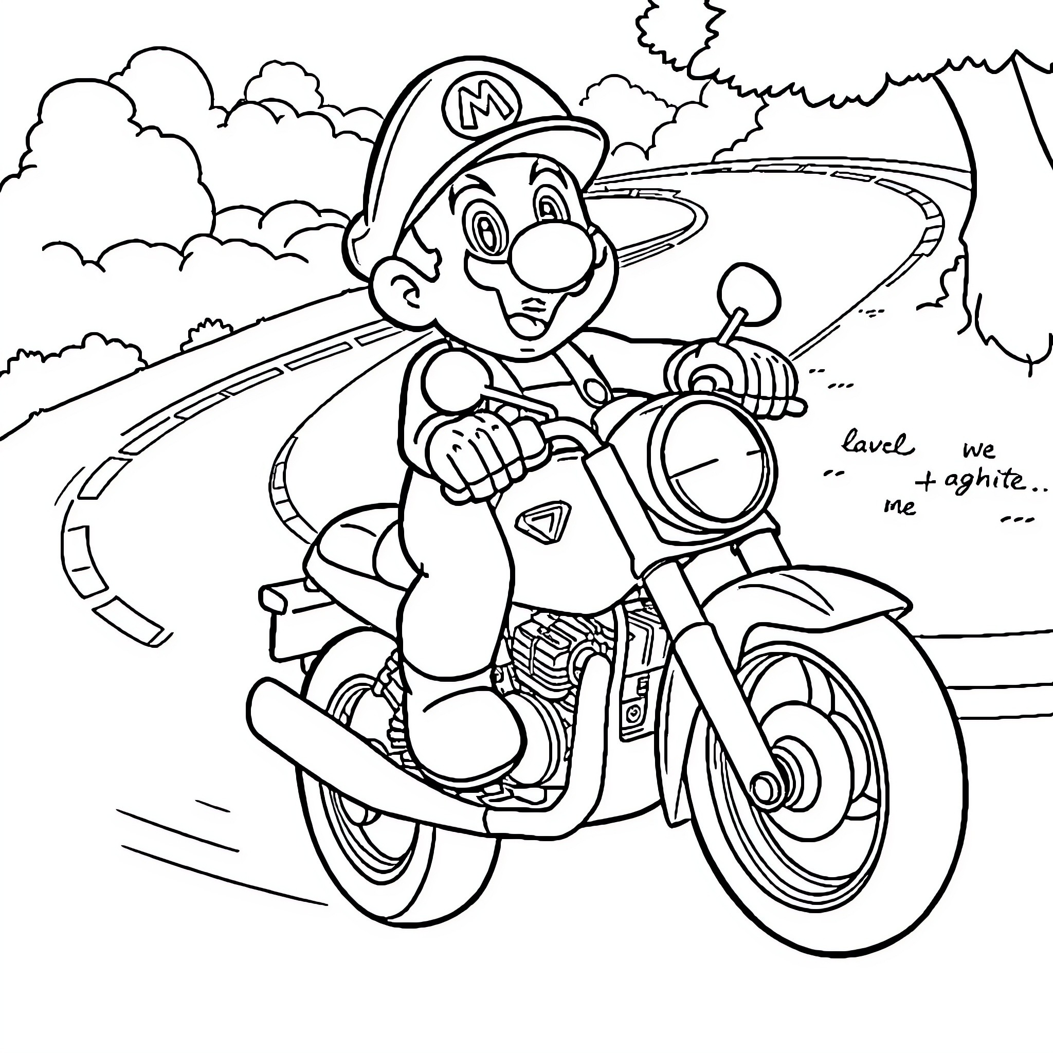 Mario riding a motorcycle through the countryside Coloring Page (free black-and-white line drawing printable PDF for all, from beginners to advanced learners, including children, teens, adults, and seniors)