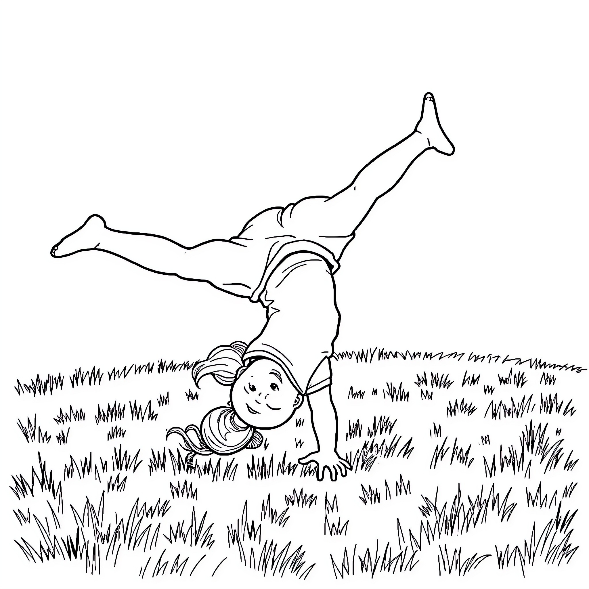 Girl exploring nature with playful energy Coloring Page (free black-and-white line drawing printable PDF for all, from beginners to advanced learners, including children, teens, adults, and seniors)