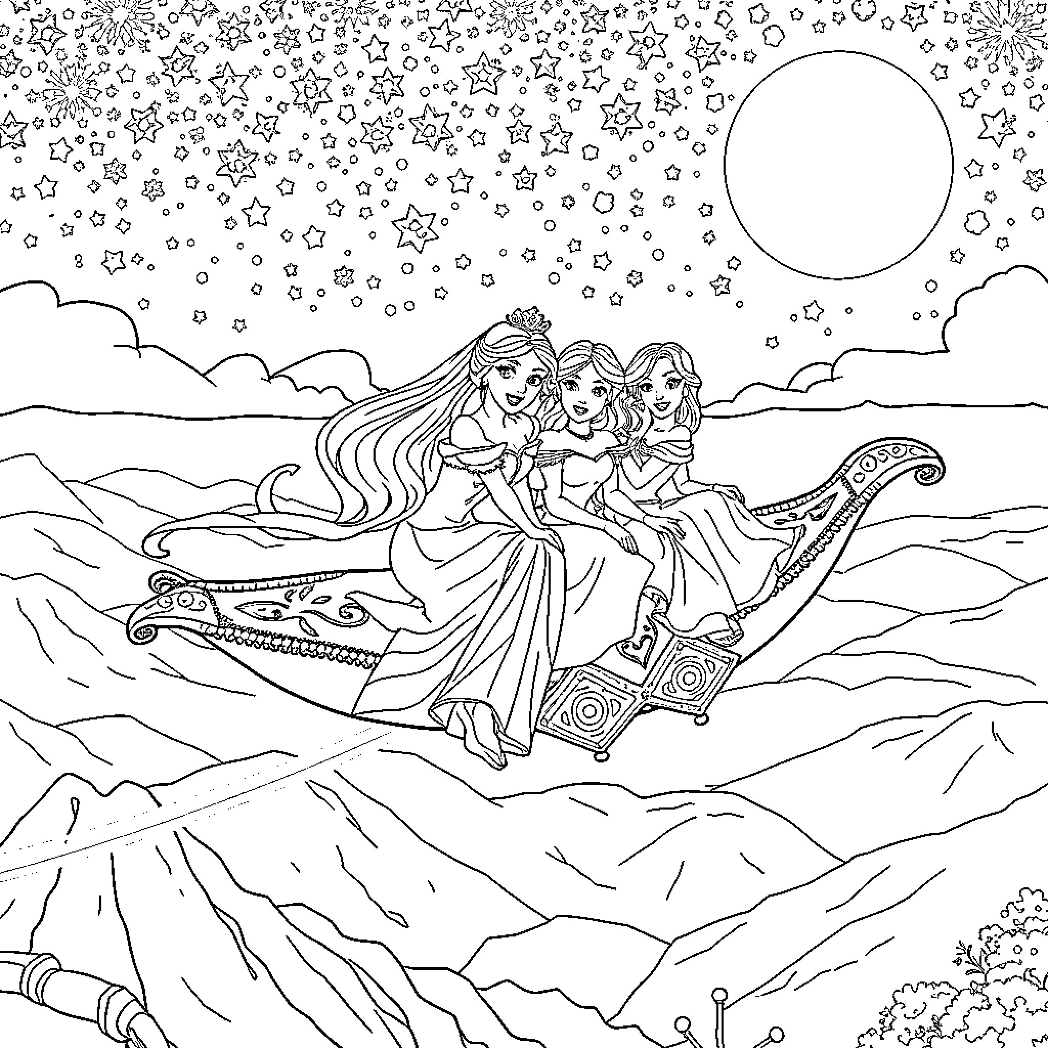Princess Sisters Riding Magical Creature in Starry Night Coloring Page (free black-and-white line drawing printable PDF for all, from beginners to advanced learners, including children, teens, adults, and seniors)