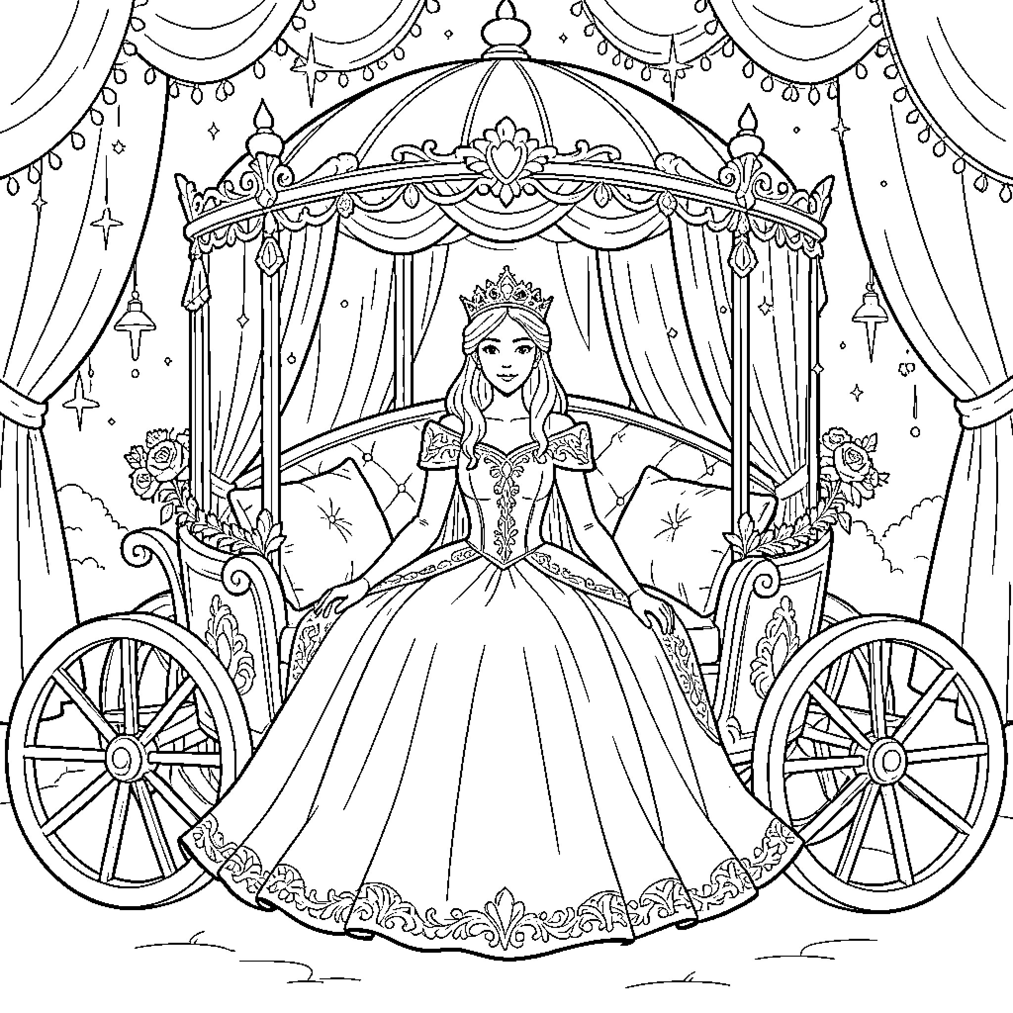 Princess sitting gracefully in an ornate royal carriage Coloring Page (free black-and-white line drawing printable PDF for all, from beginners to advanced learners, including children, teens, adults, and seniors)