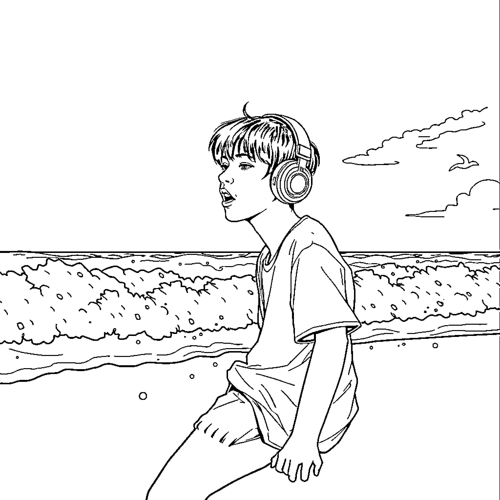 Kpop Boy Listening to Music Overlooking the Sea Coloring Page (free black-and-white line drawing printable PDF for all, from beginners to advanced learners, including children, teens, adults, and seniors)