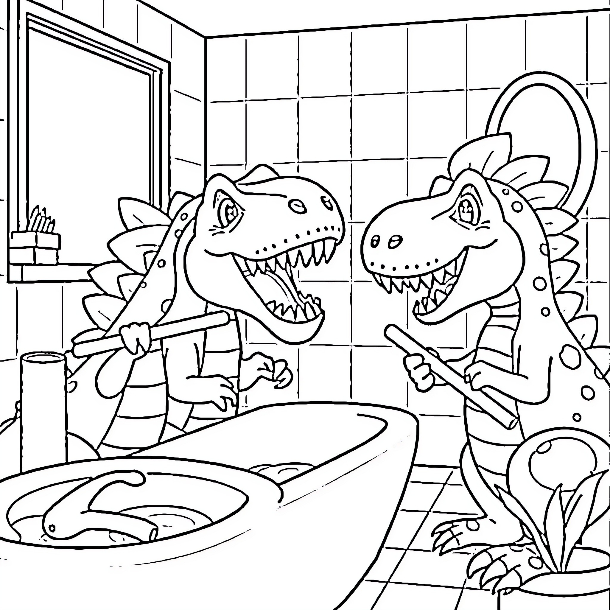 Dino friends having fun in the bathroom Coloring Page (free black-and-white line drawing printable PDF for all, from beginners to advanced learners, including children, teens, adults, and seniors)