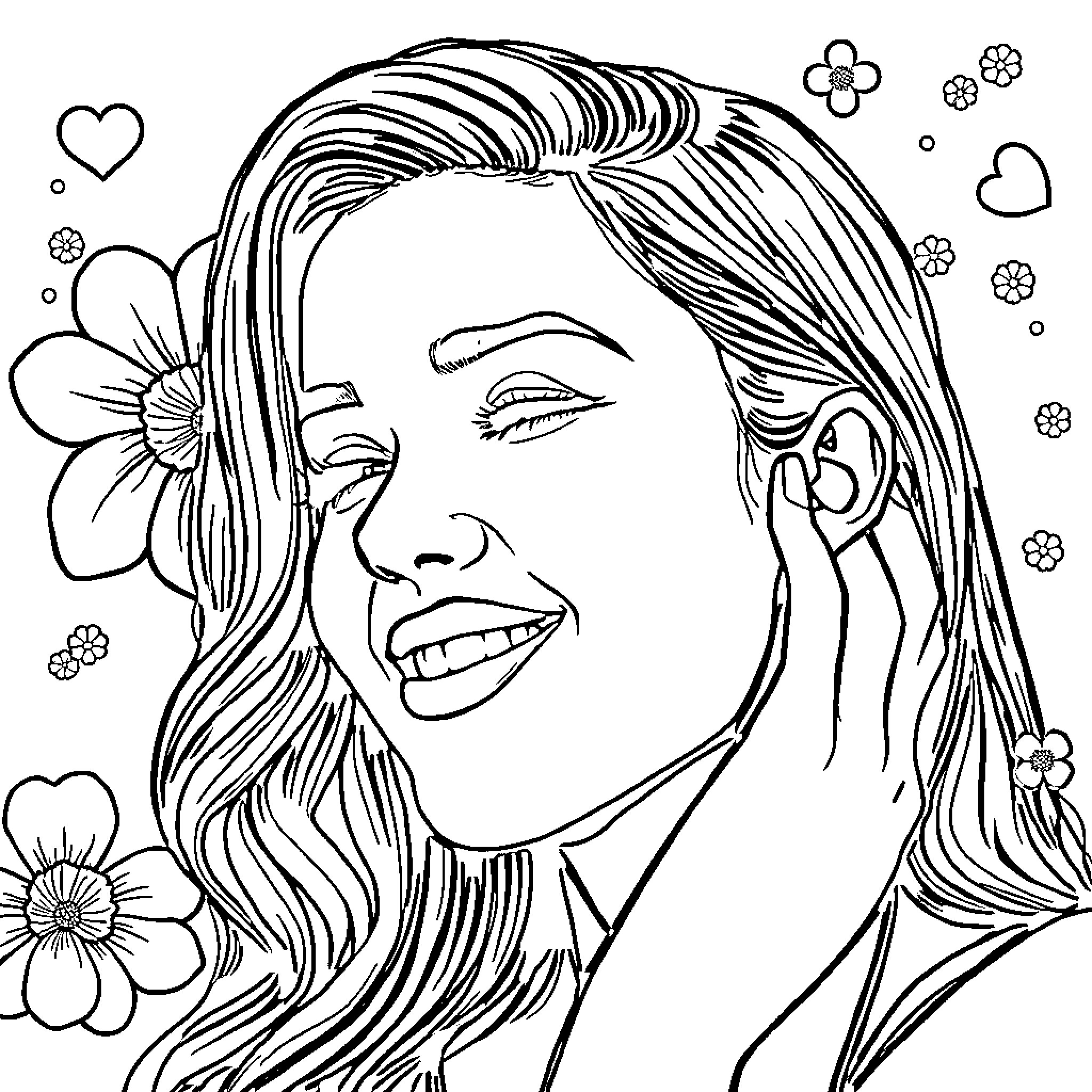 Lyna's Radiant Smile Amidst Floral Delight Coloring Page (free black-and-white line drawing printable PDF for all, from beginners to advanced learners, including children, teens, adults, and seniors)