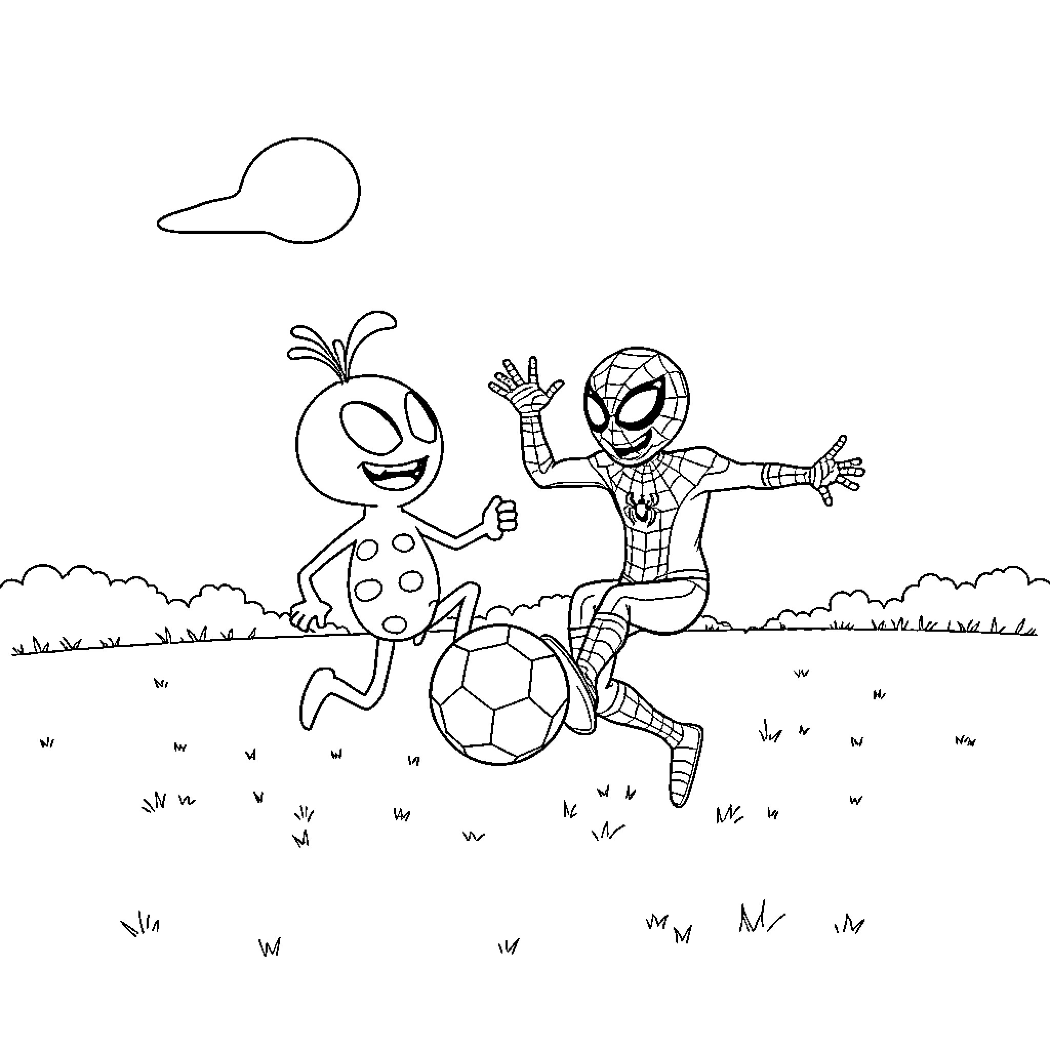 Spider-Man playing soccer with a friendly alien character Coloring Page (free black-and-white line drawing printable PDF for all, from beginners to advanced learners, including children, teens, adults, and seniors)