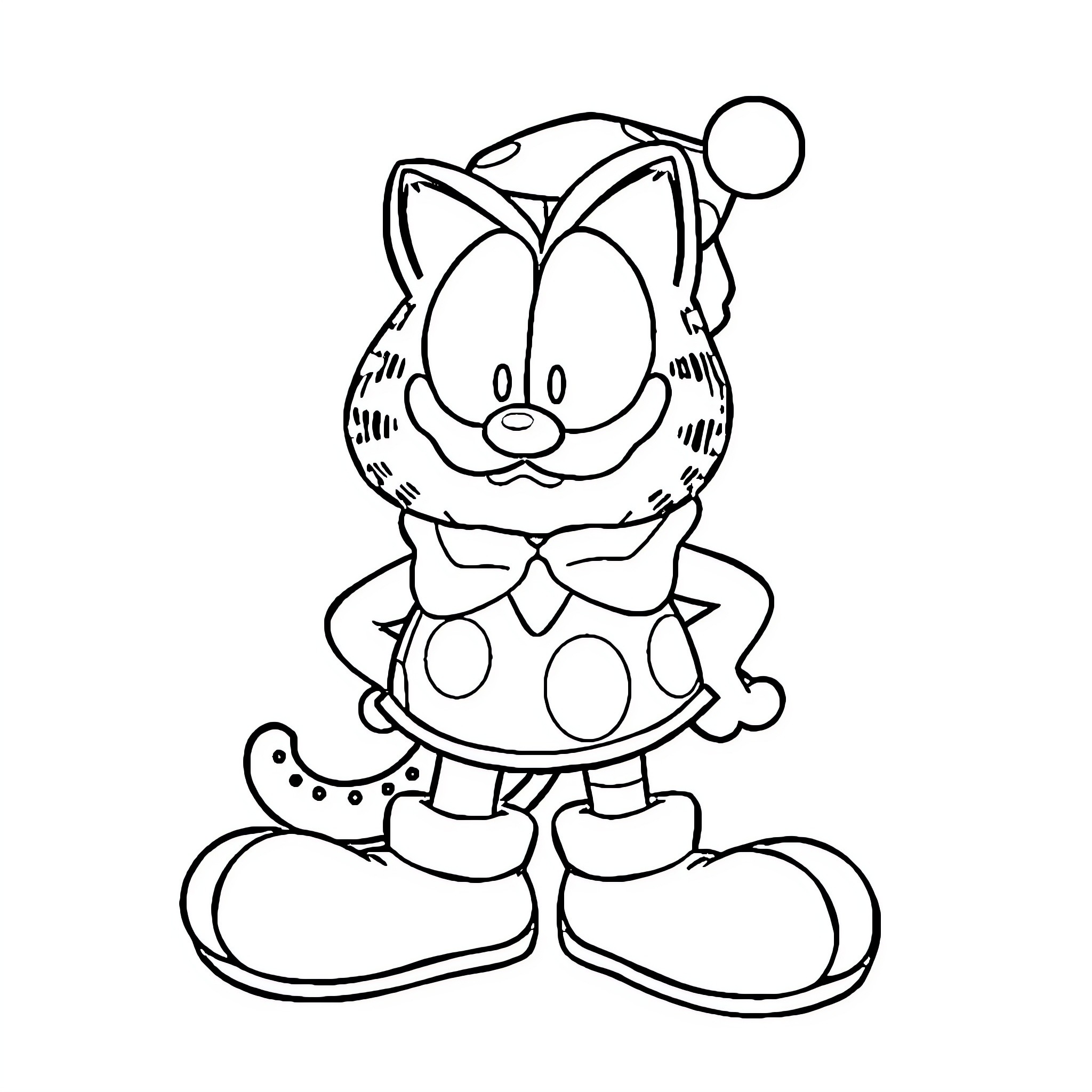 Garfield wearing a festive hat and outfit Coloring Page (free black-and-white line drawing printable PDF for all, from beginners to advanced learners, including children, teens, adults, and seniors)