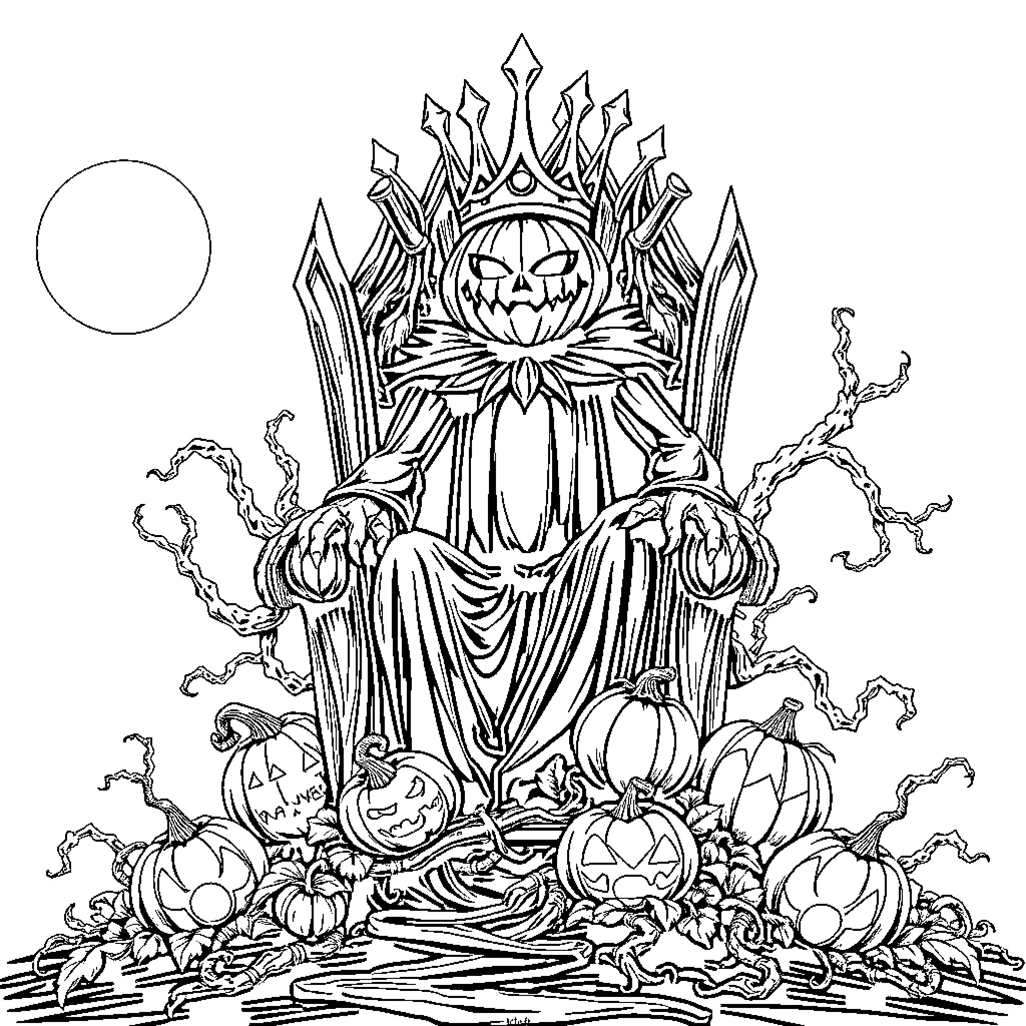 Pumpkin King presiding over a spooky autumn scene Coloring Page (free black-and-white line drawing printable PDF for all, from beginners to advanced learners, including children, teens, adults, and seniors)