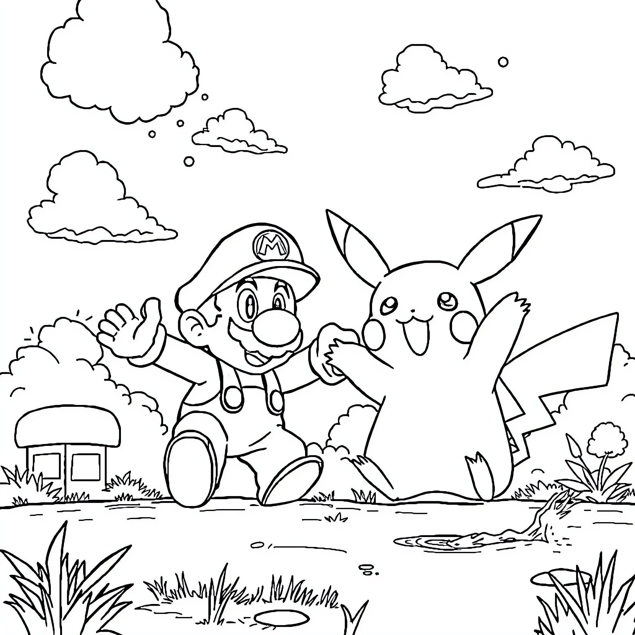 Pikachu and Mario in a Playful Outdoor Scene Coloring Page (free black-and-white line drawing printable PDF for all, from beginners to advanced learners, including children, teens, adults, and seniors)