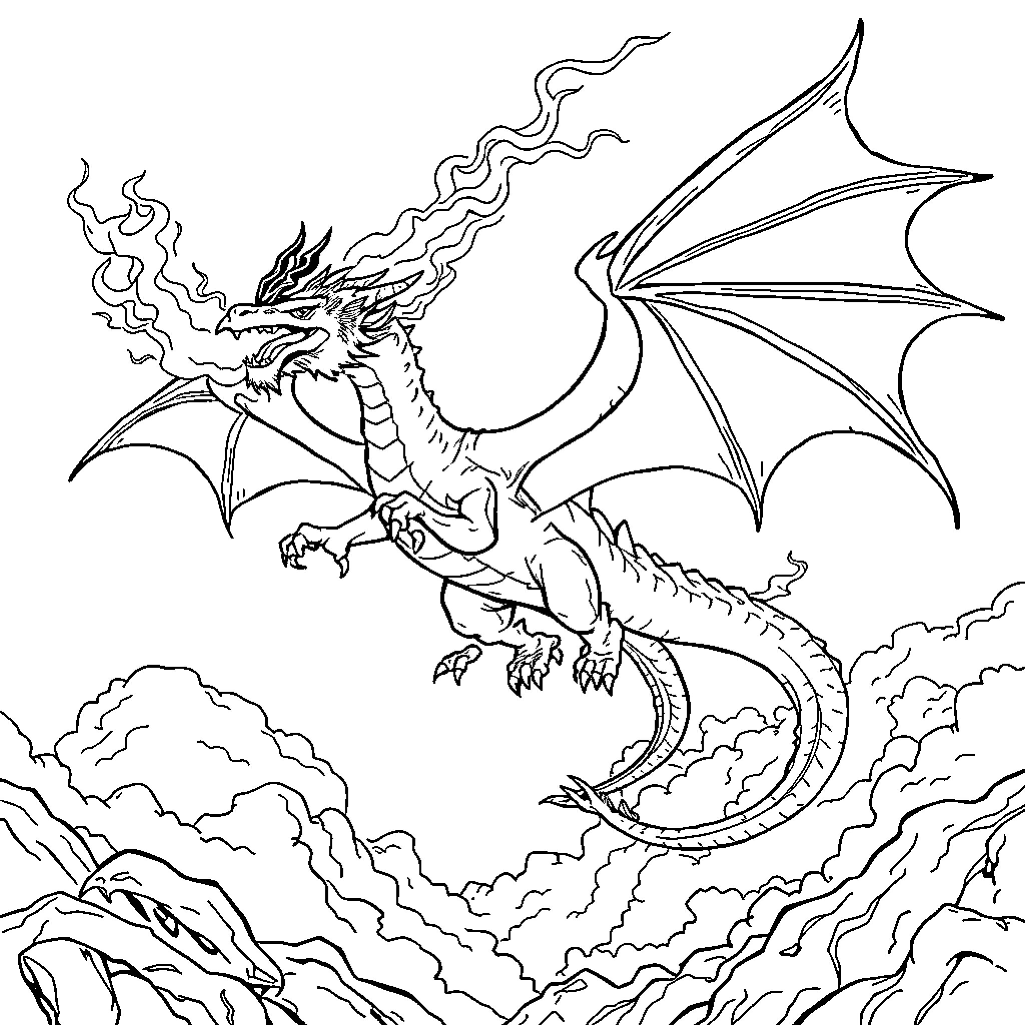 Dragon unleashing fiery breath in the sky Coloring Page (free black-and-white line drawing printable PDF for all, from beginners to advanced learners, including children, teens, adults, and seniors)