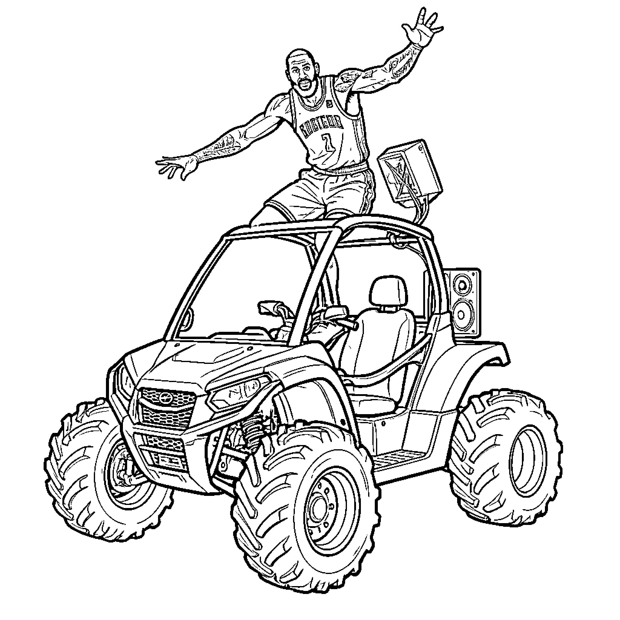 ATV rider celebrating success on rugged terrain Coloring Page (free black-and-white line drawing printable PDF for all, from beginners to advanced learners, including children, teens, adults, and seniors)