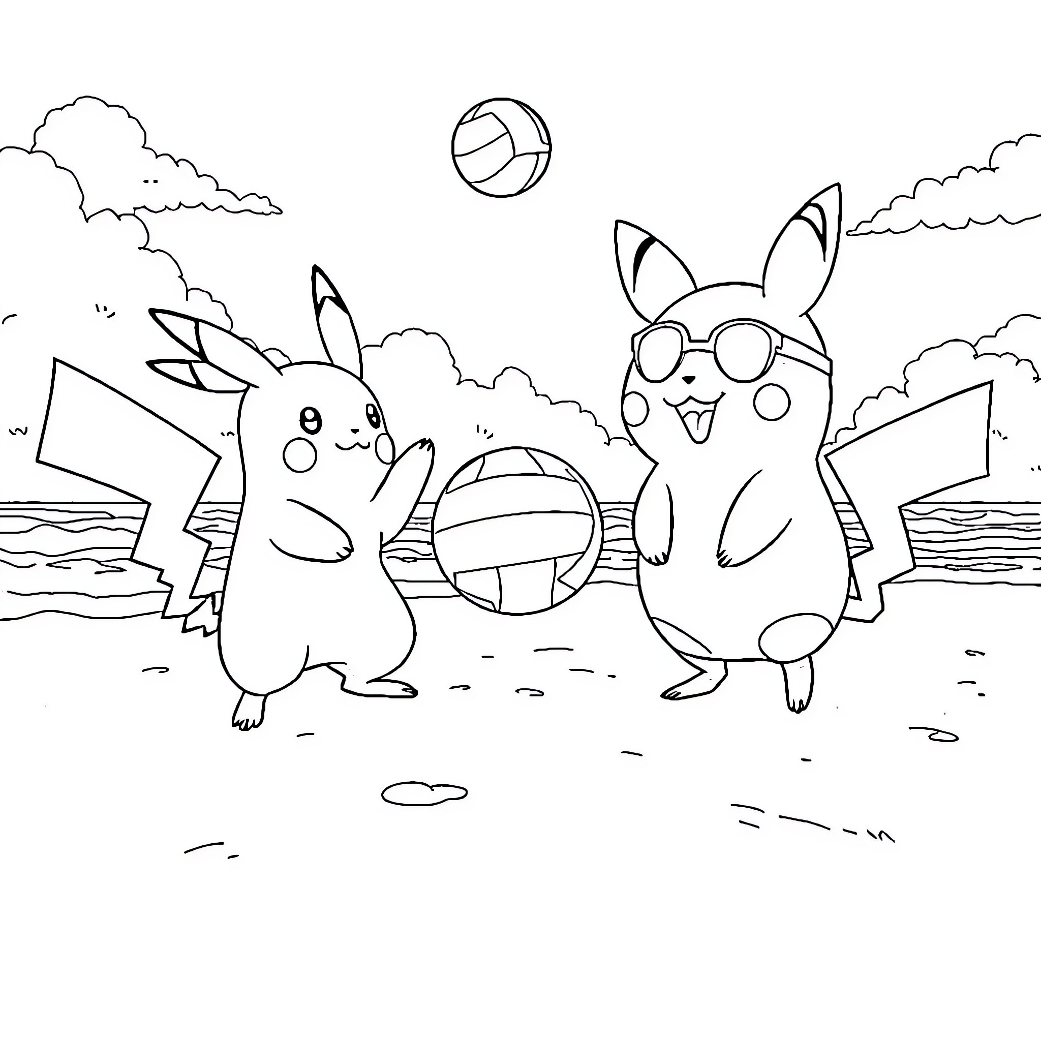 Pikachu and friends playing on the beach Coloring Page (free black-and-white line drawing printable PDF for all, from beginners to advanced learners, including children, teens, adults, and seniors)