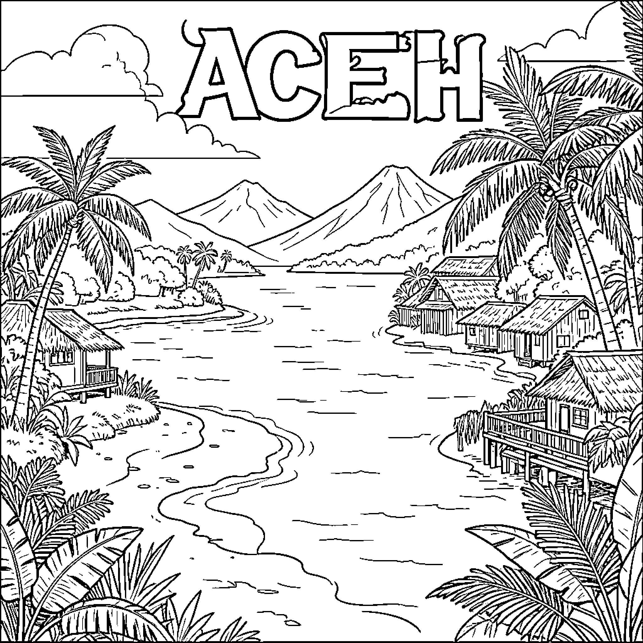 Aceh landscape with palm trees and coastal houses Coloring Page (free black-and-white line drawing printable PDF for all, from beginners to advanced learners, including children, teens, adults, and seniors)