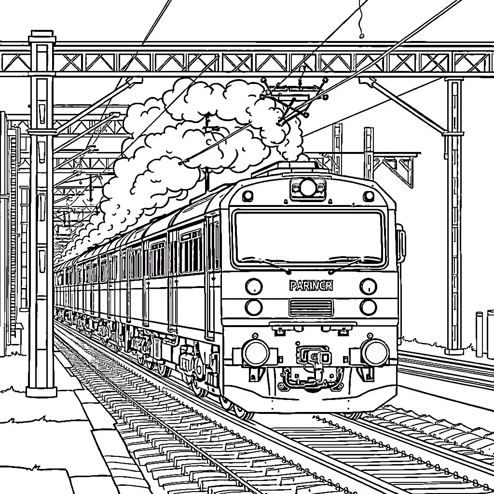 Railway Train Speeding Through Station Coloring Page (free black-and-white line drawing printable PDF for all, from beginners to advanced learners, including children, teens, adults, and seniors)