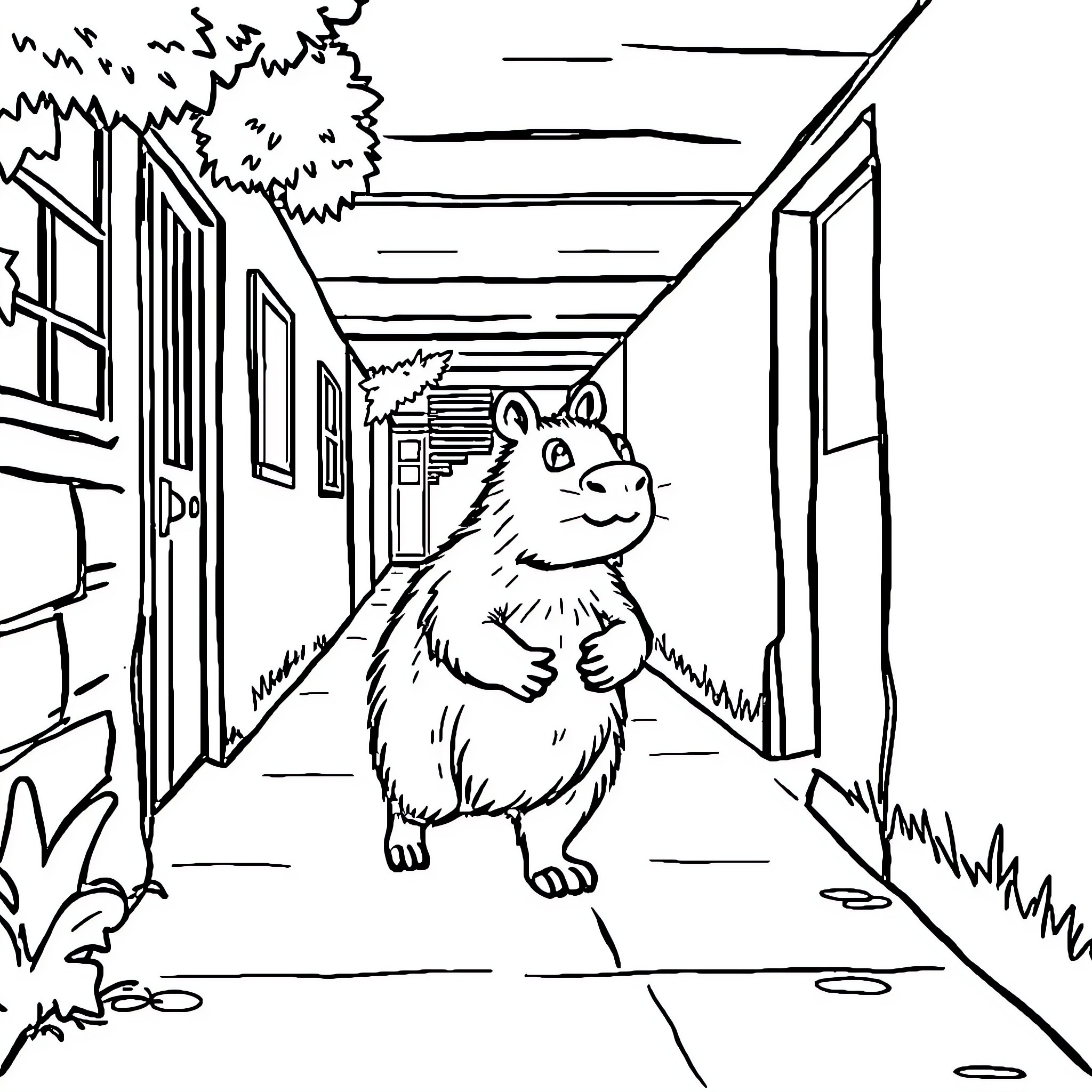 Capybara exploring a quaint neighborhood Coloring Page (free black-and-white line drawing printable PDF for all, from beginners to advanced learners, including children, teens, adults, and seniors)