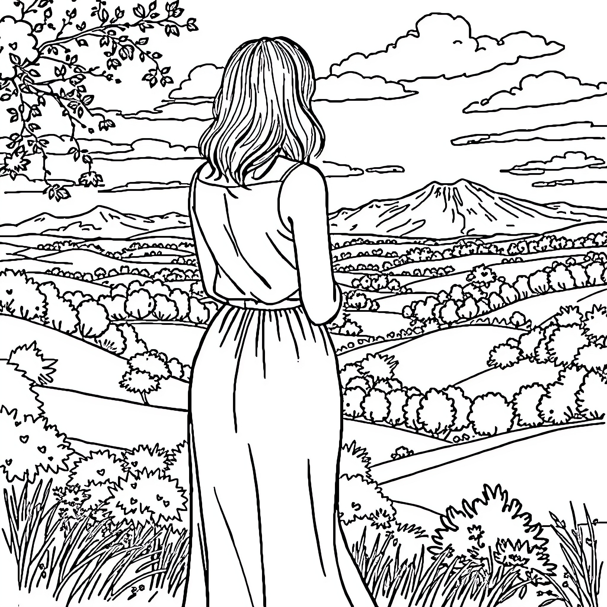 Woman gazing at the scenic landscape Coloring Page (free black-and-white line drawing printable PDF for all, from beginners to advanced learners, including children, teens, adults, and seniors)