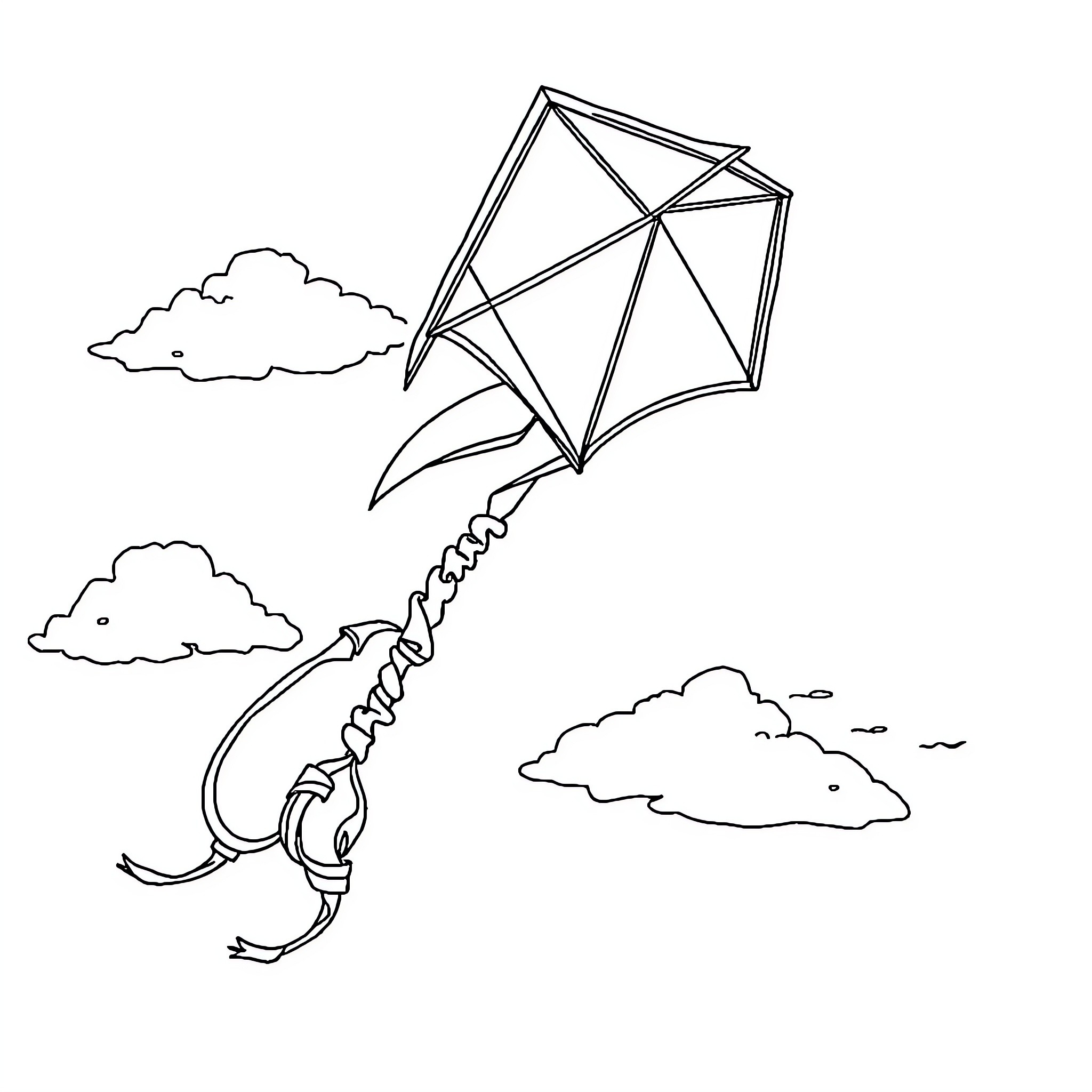Kite soaring through the cloudy sky Coloring Page (free black-and-white line drawing printable PDF for all, from beginners to advanced learners, including children, teens, adults, and seniors)