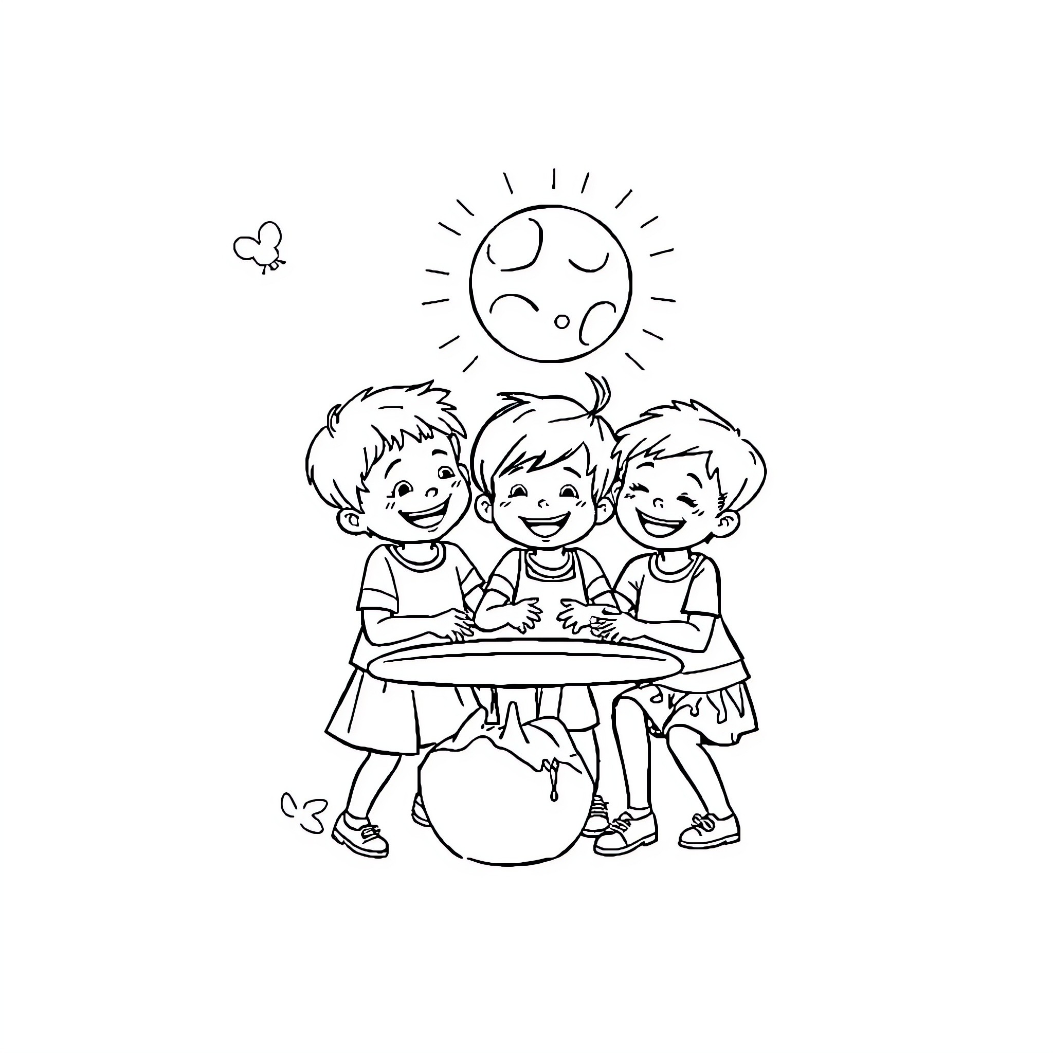 Child friends sharing a sunny day Coloring Page (free black-and-white line drawing printable PDF for all, from beginners to advanced learners, including children, teens, adults, and seniors)
