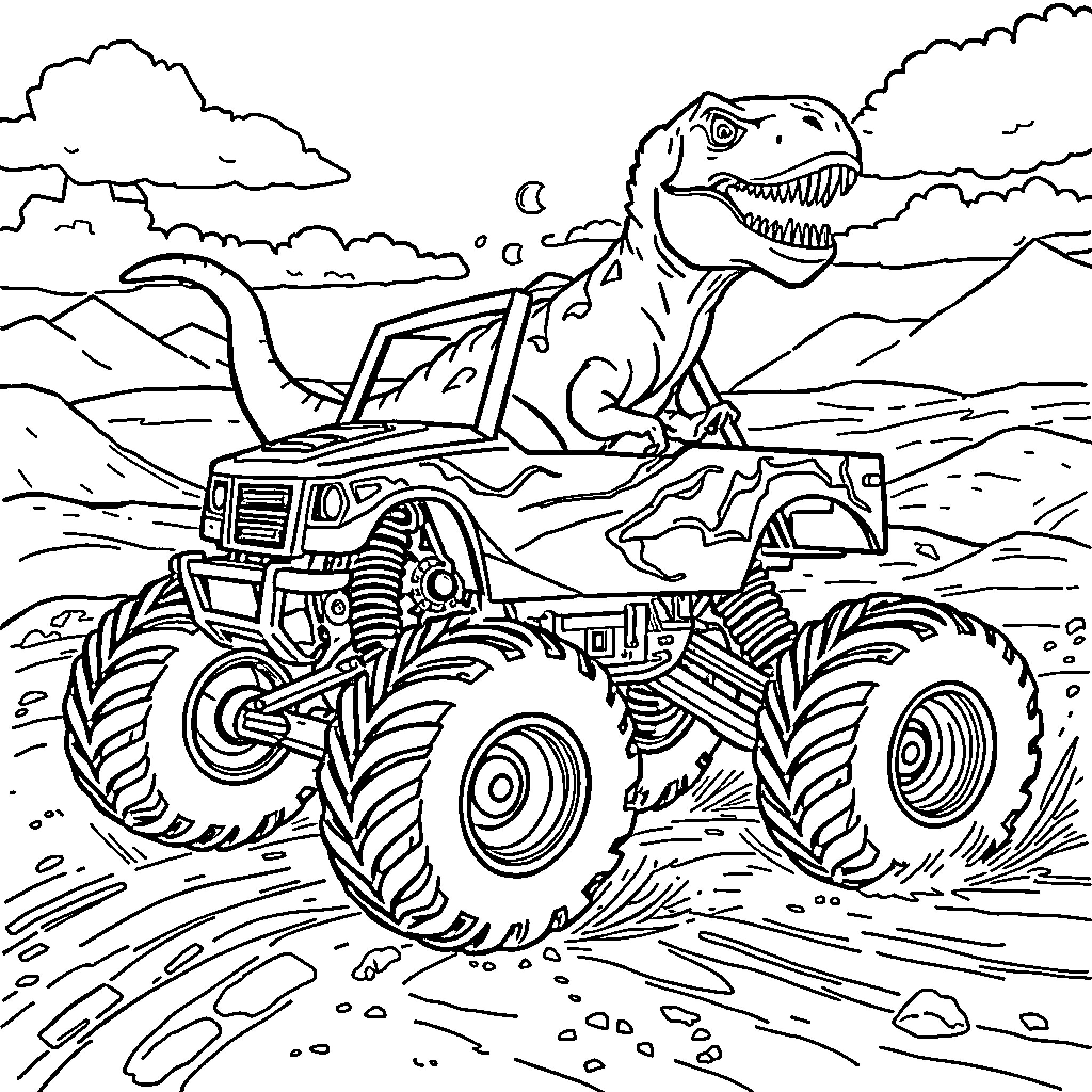 Dinosaur driving monster truck through rugged terrain Coloring Page (free black-and-white line drawing printable PDF for all, from beginners to advanced learners, including children, teens, adults, and seniors)