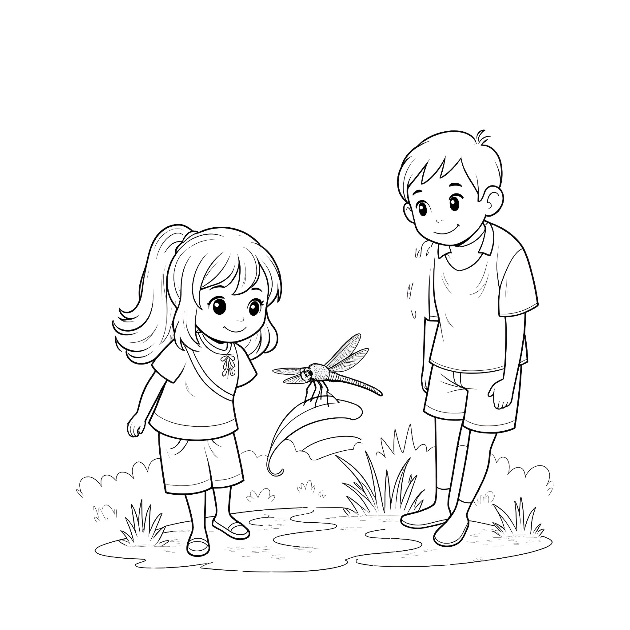 Dragonfly discovery by curious children outdoors Coloring Page (free black-and-white line drawing printable PDF for all, from beginners to advanced learners, including children, teens, adults, and seniors)