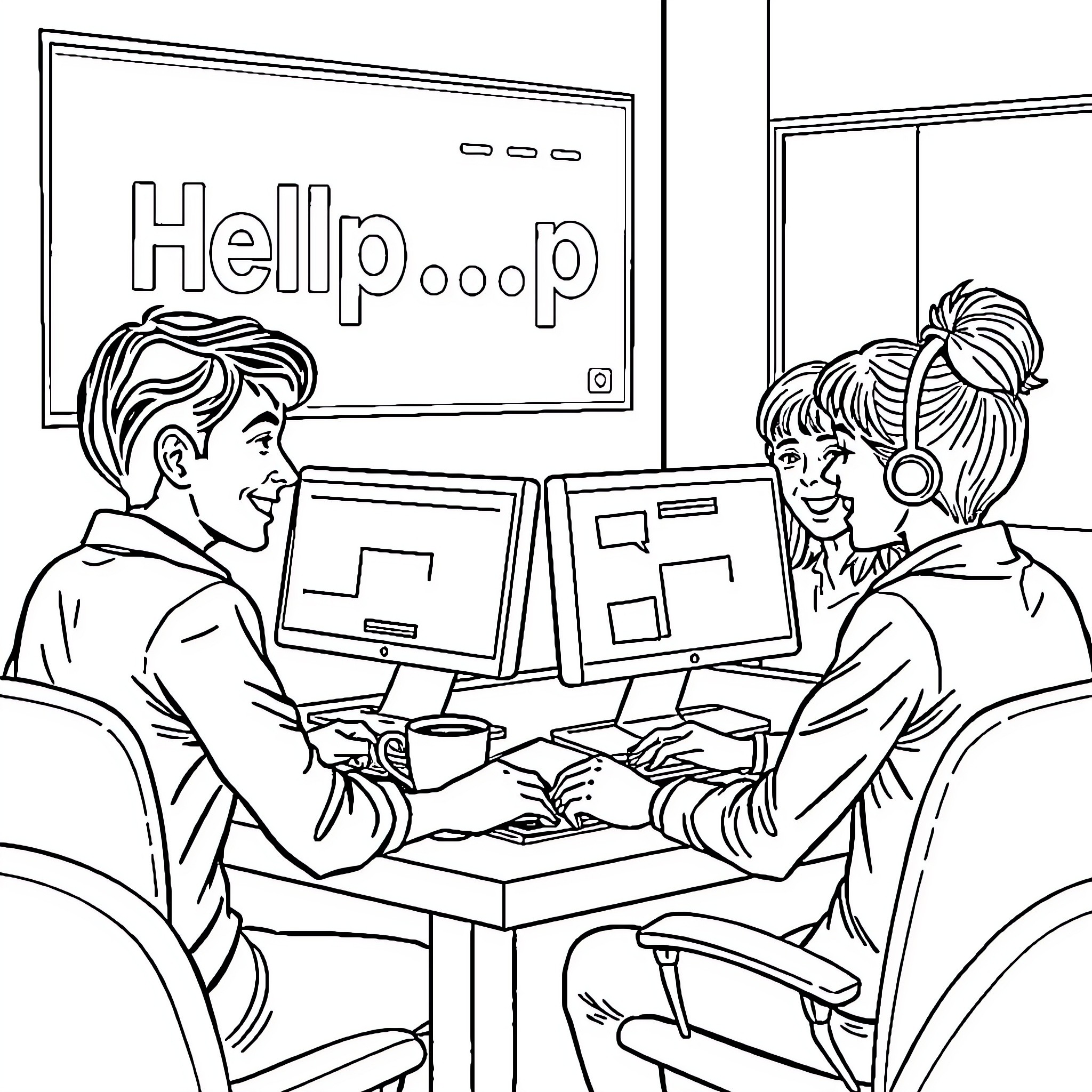 Helpdesk Employees Assisting Customers at Computers Coloring Page (free black-and-white line drawing printable PDF for all, from beginners to advanced learners, including children, teens, adults, and seniors)