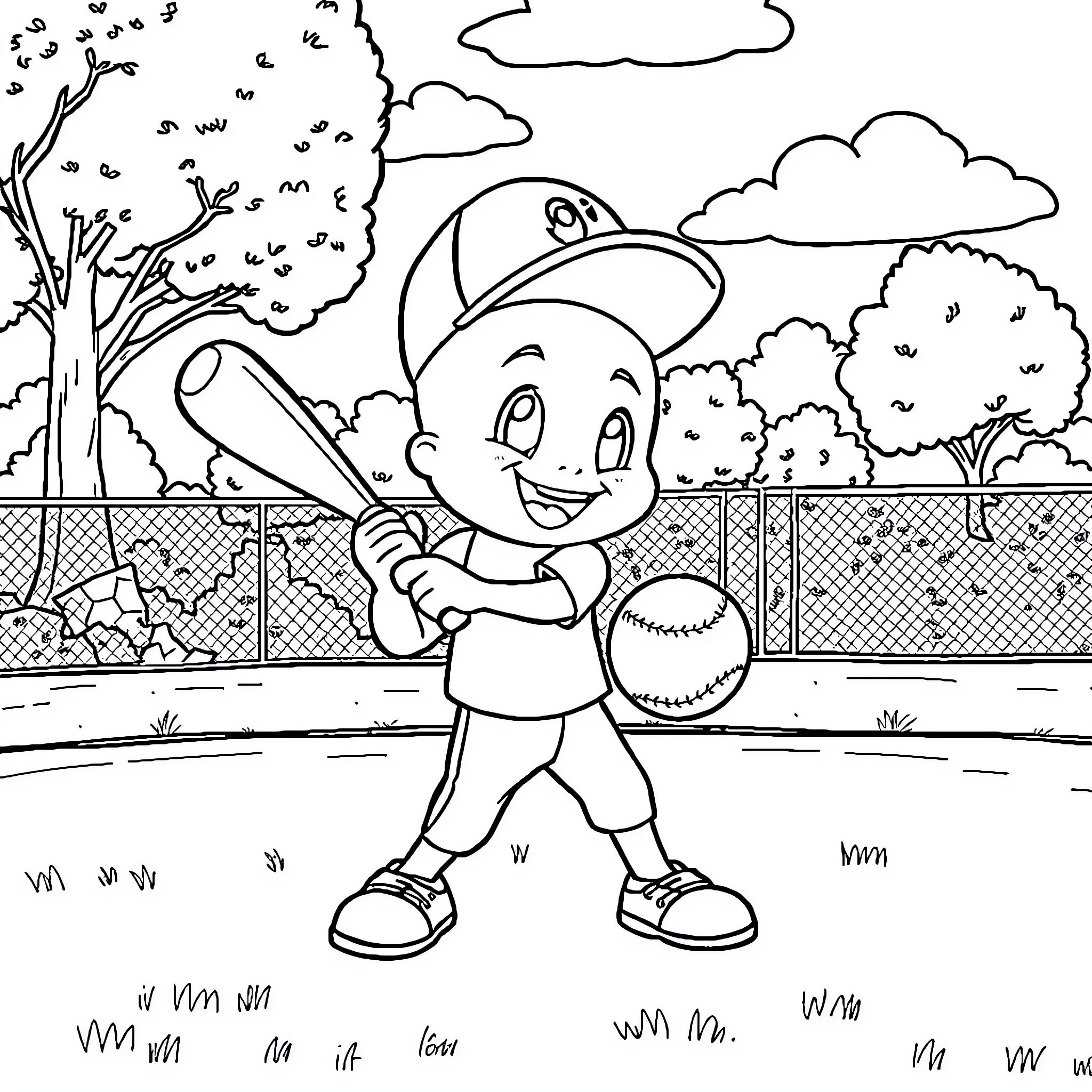 Bluey playing baseball in the park Coloring Page (free black-and-white line drawing printable PDF for all, from beginners to advanced learners, including children, teens, adults, and seniors)