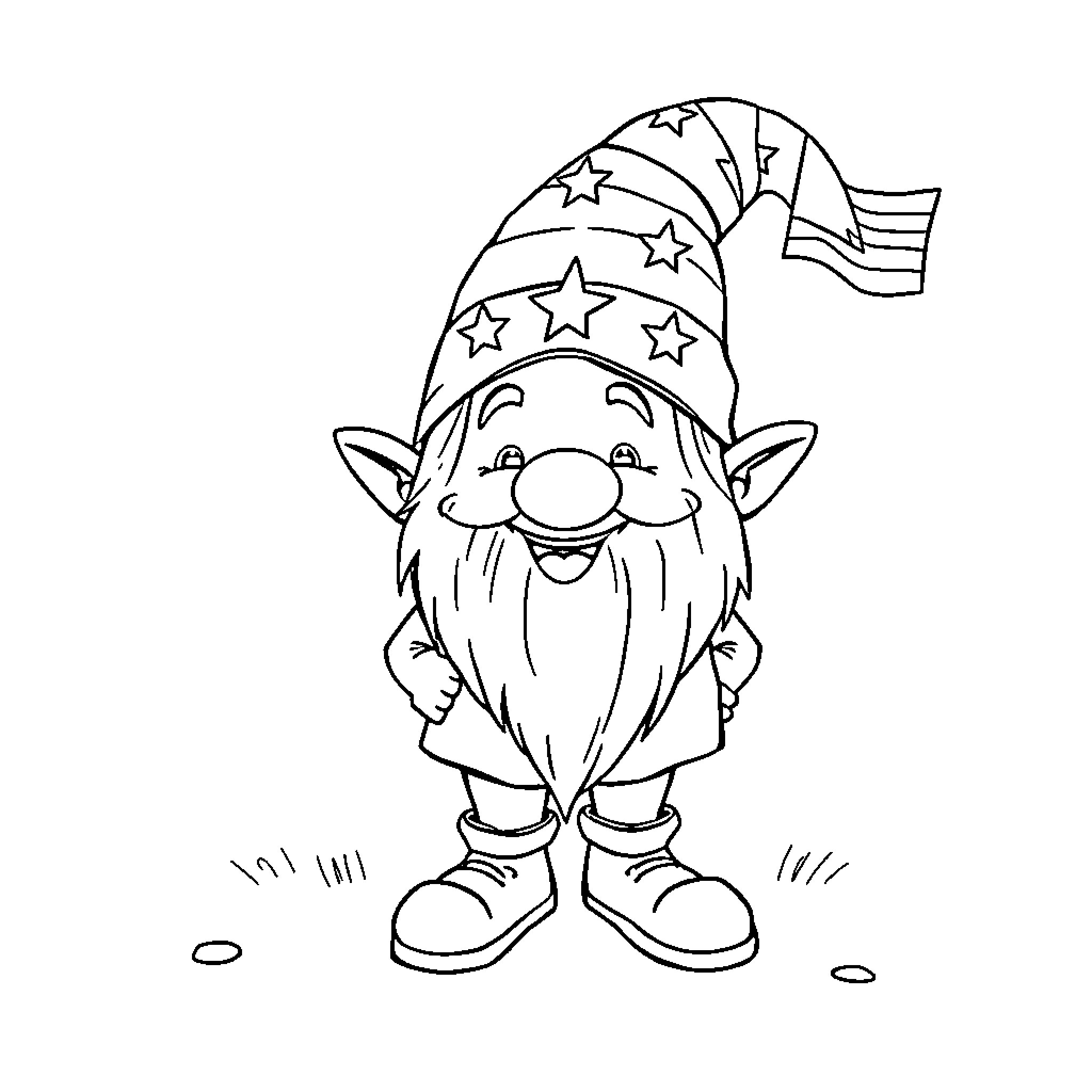 Gnome with Whimsical Attire and Joyful Expression Coloring Page (free black-and-white line drawing printable PDF for all, from beginners to advanced learners, including children, teens, adults, and seniors)