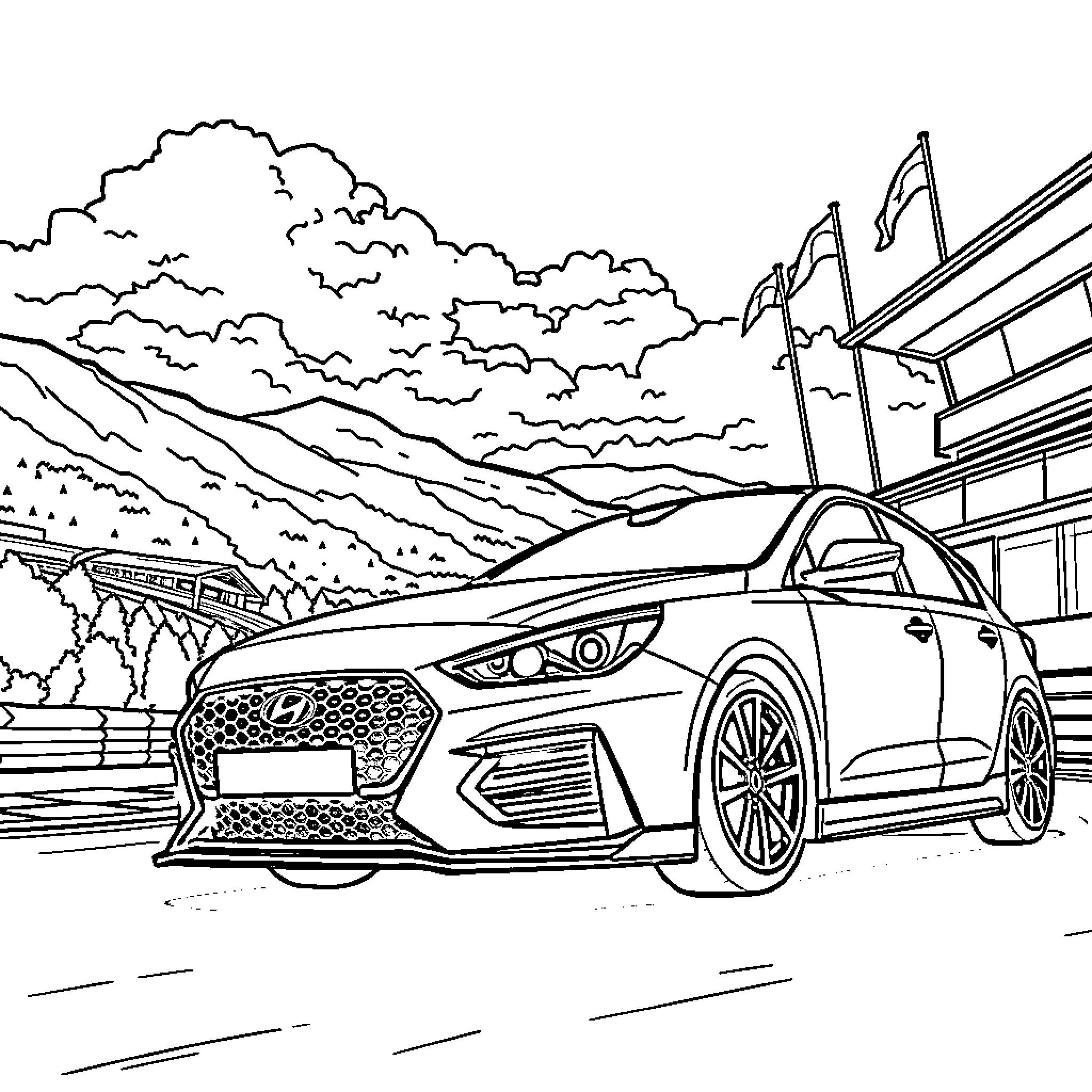 Hyundai I30n high-performance vehicle in mountainous landscape Coloring Page (free black-and-white line drawing printable PDF for all, from beginners to advanced learners, including children, teens, adults, and seniors)