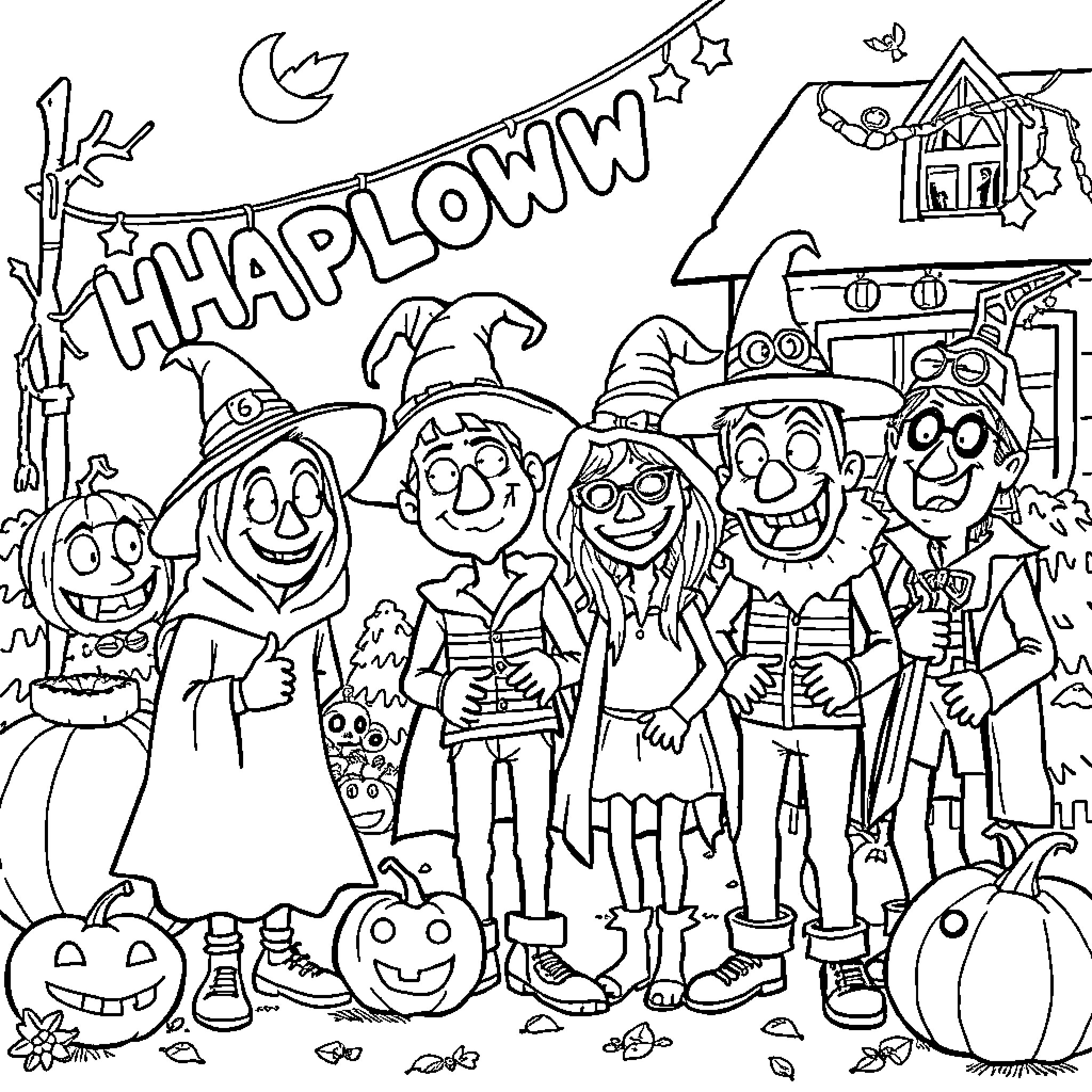 Goofy Halloween characters in funny poses Coloring Page (free black-and-white line drawing printable PDF for all, from beginners to advanced learners, including children, teens, adults, and seniors)