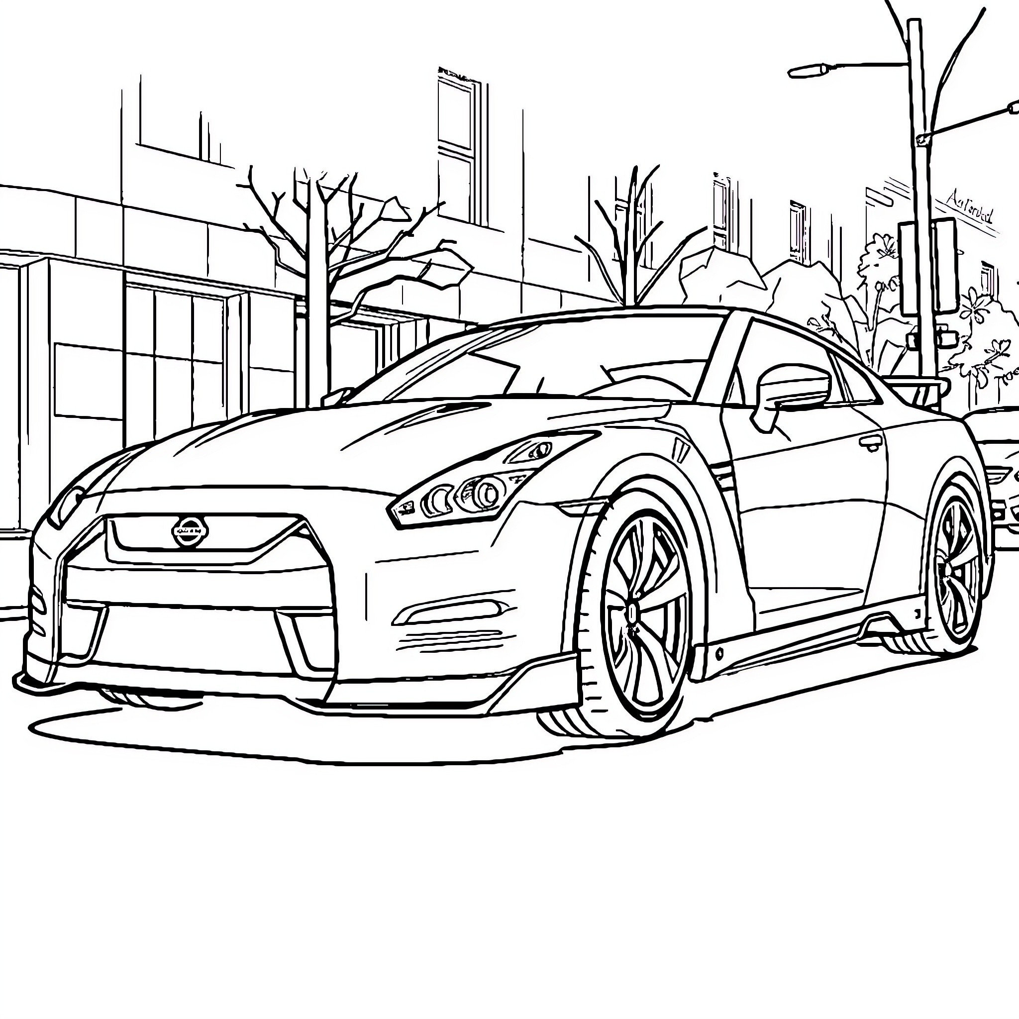 Nissan GT-R sports car in urban setting Coloring Page (free black-and-white line drawing printable PDF for all, from beginners to advanced learners, including children, teens, adults, and seniors)