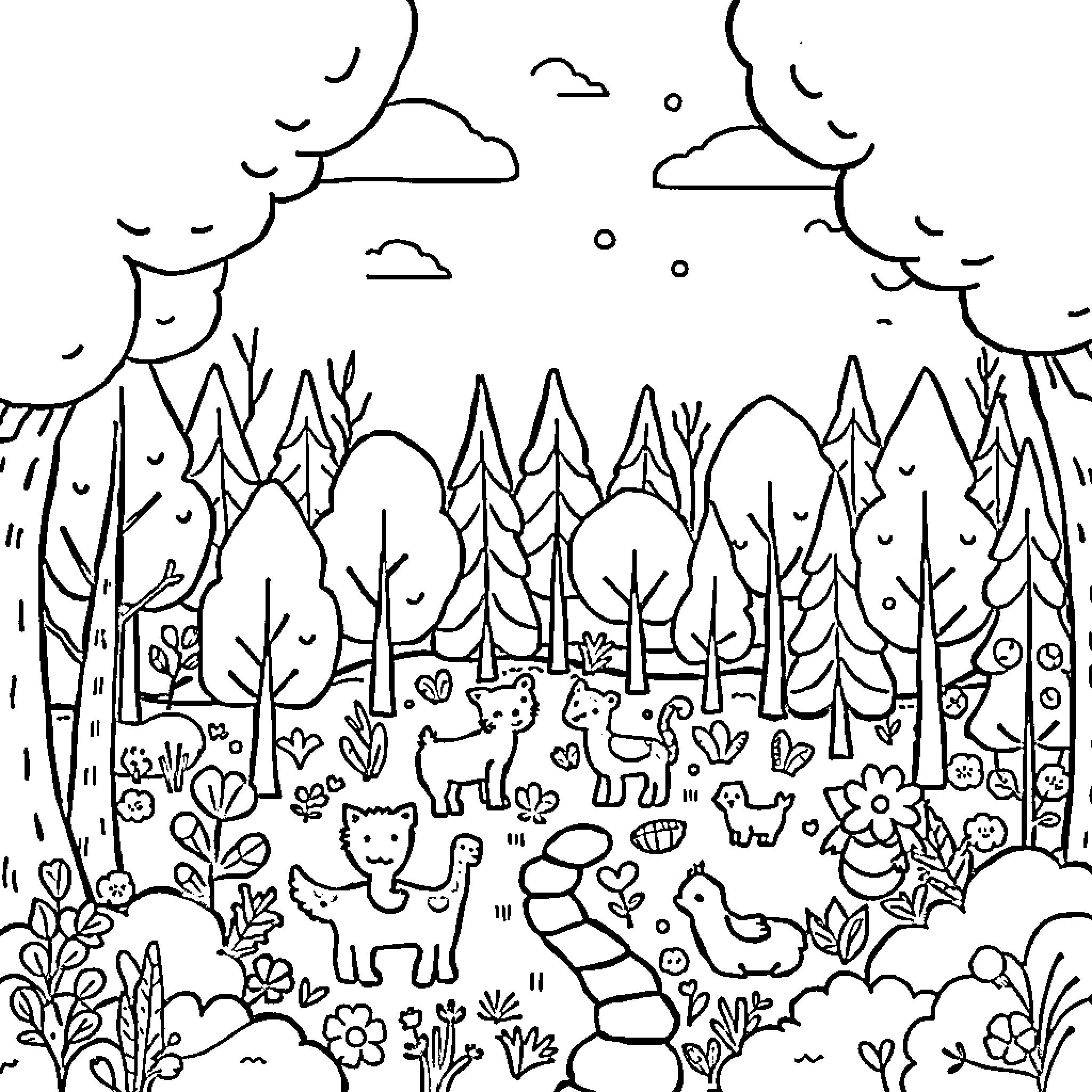 Forest creatures playing in the woodland Coloring Page (free black-and-white line drawing printable PDF for all, from beginners to advanced learners, including children, teens, adults, and seniors)