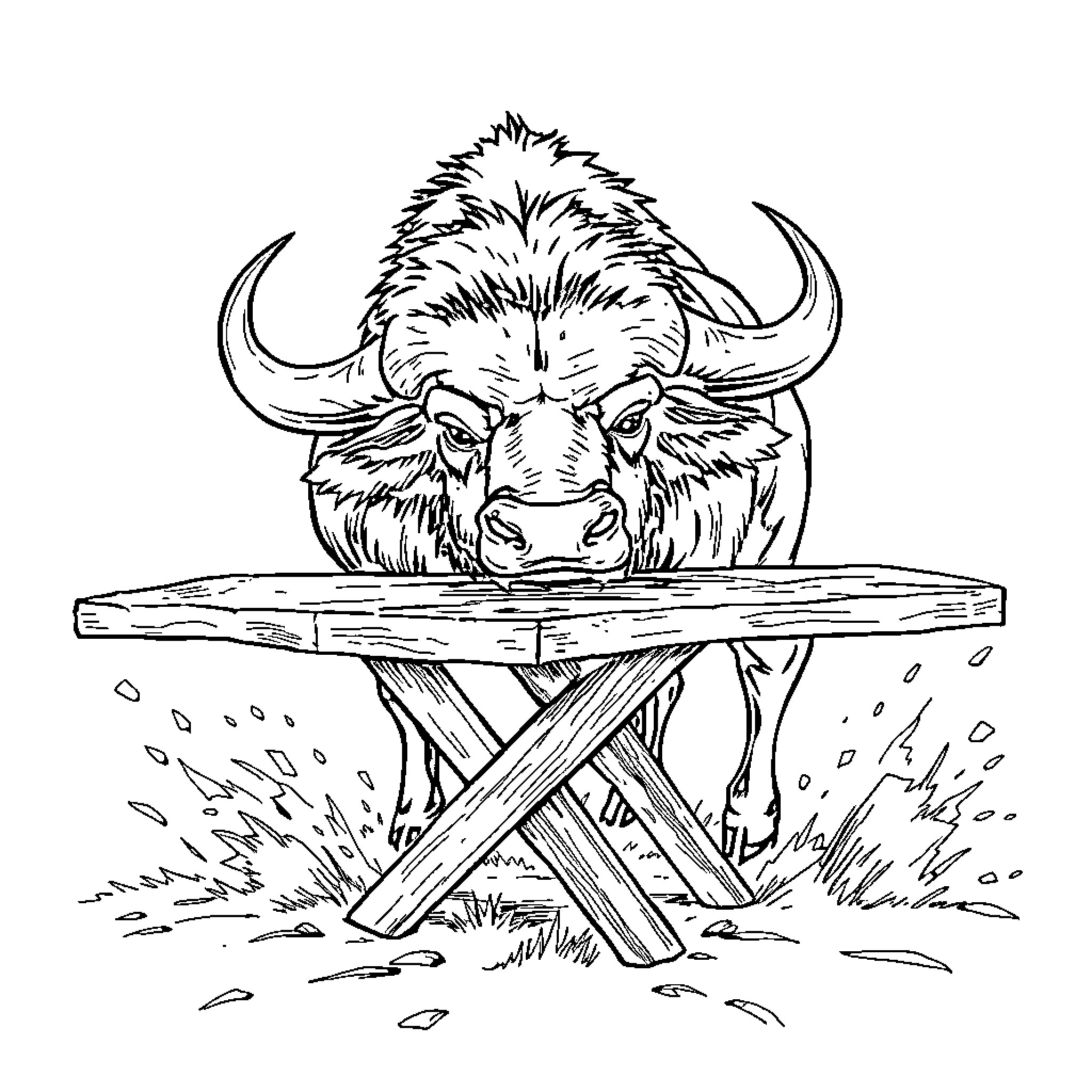 Buffalo resting on a wooden platform Coloring Page (free black-and-white line drawing printable PDF for all, from beginners to advanced learners, including children, teens, adults, and seniors)