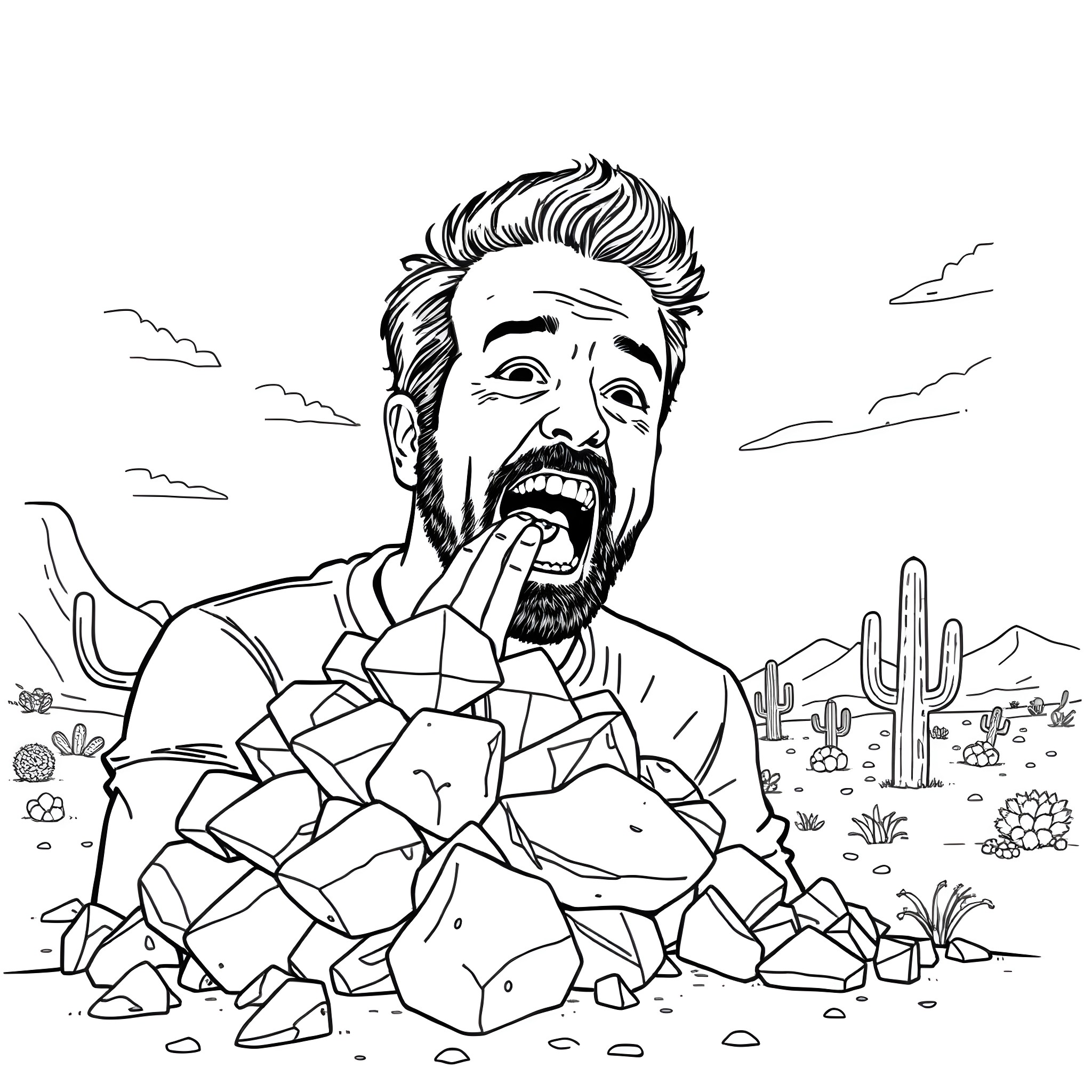 Vince Vaughn in an expressive pose with a desert background Coloring Page (free black-and-white line drawing printable PDF for all, from beginners to advanced learners, including children, teens, adults, and seniors)