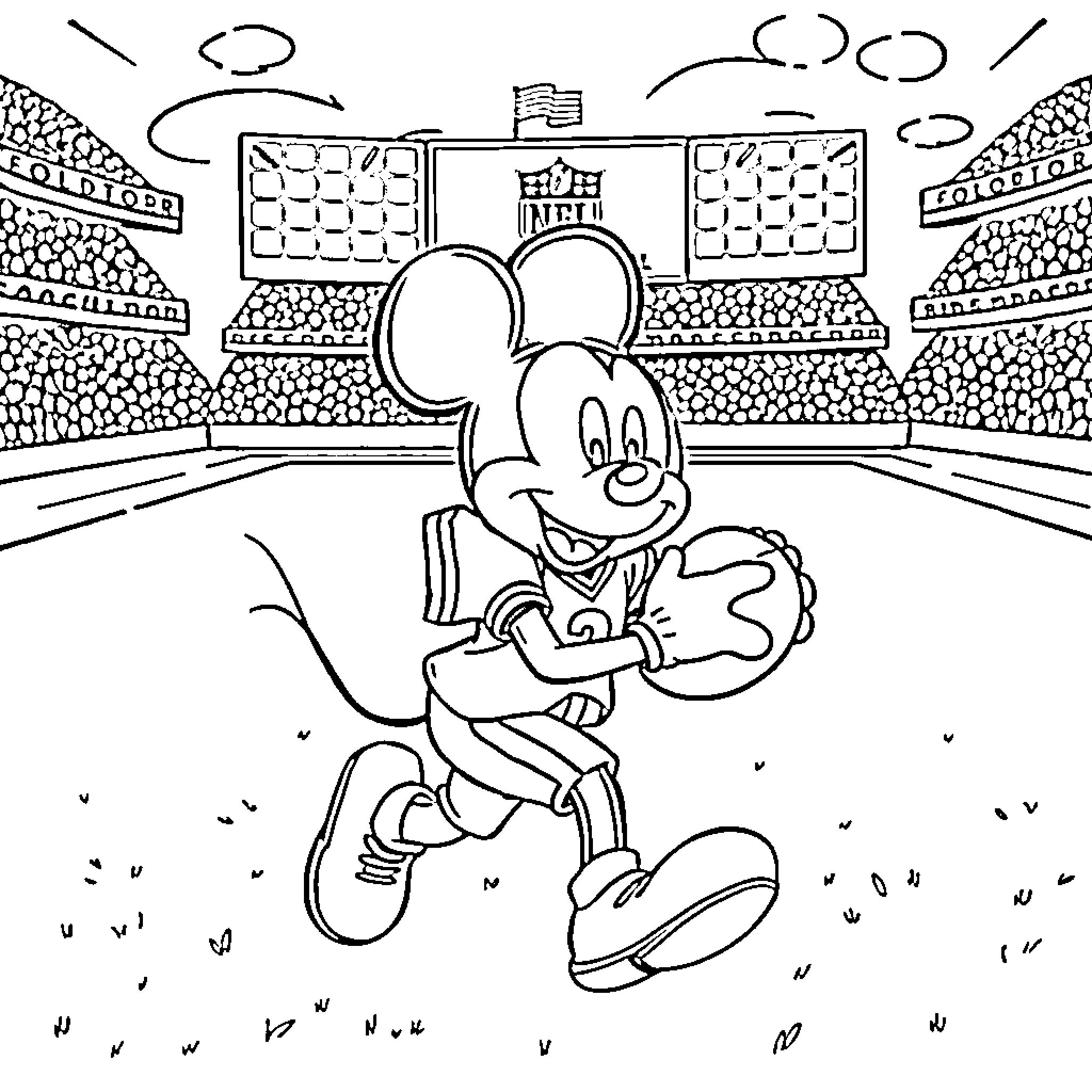 Mickey running happily on the field Coloring Page (free black-and-white line drawing printable PDF for all, from beginners to advanced learners, including children, teens, adults, and seniors)
