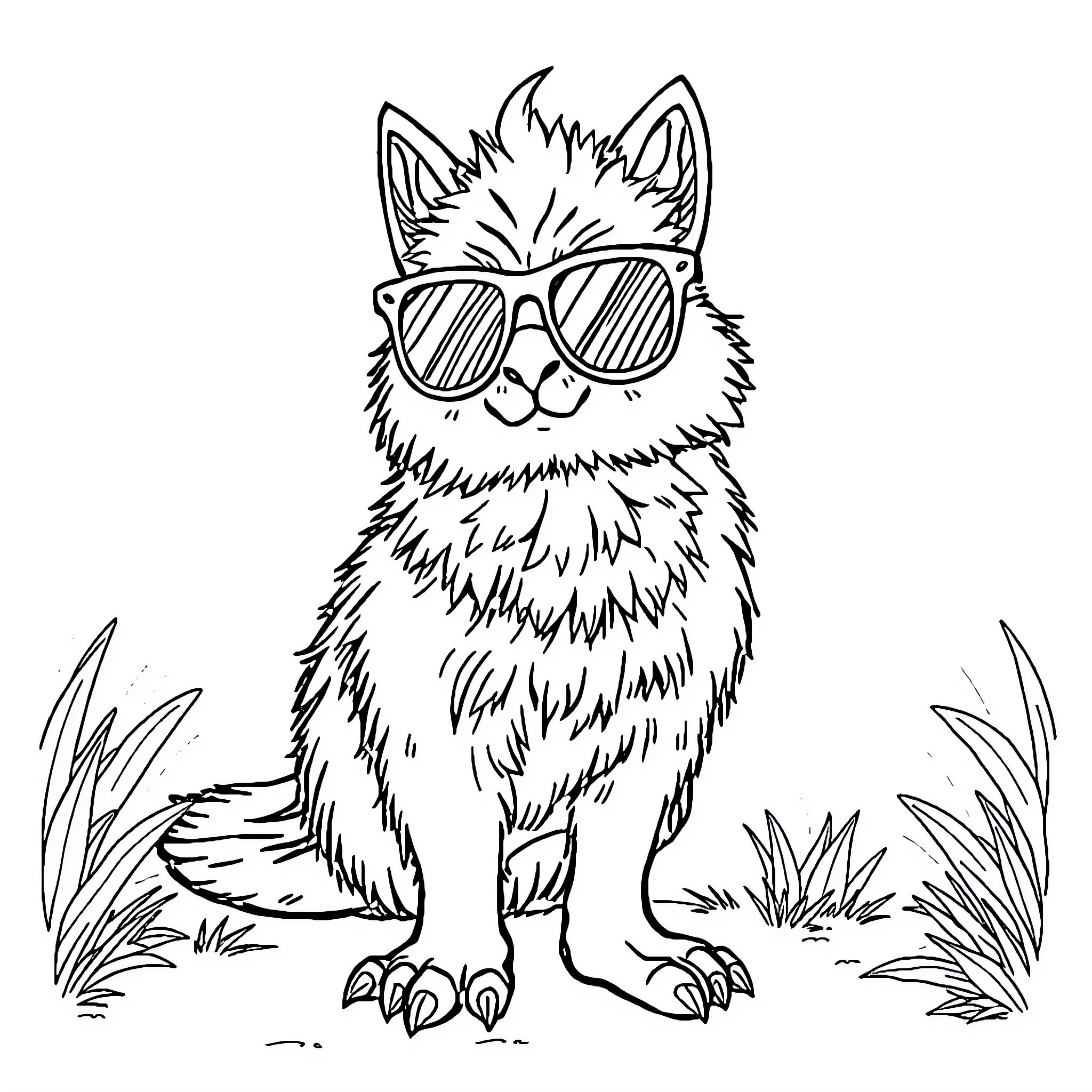 Watermelon cat sporting stylish sunglasses Coloring Page (free black-and-white line drawing printable PDF for all, from beginners to advanced learners, including children, teens, adults, and seniors)