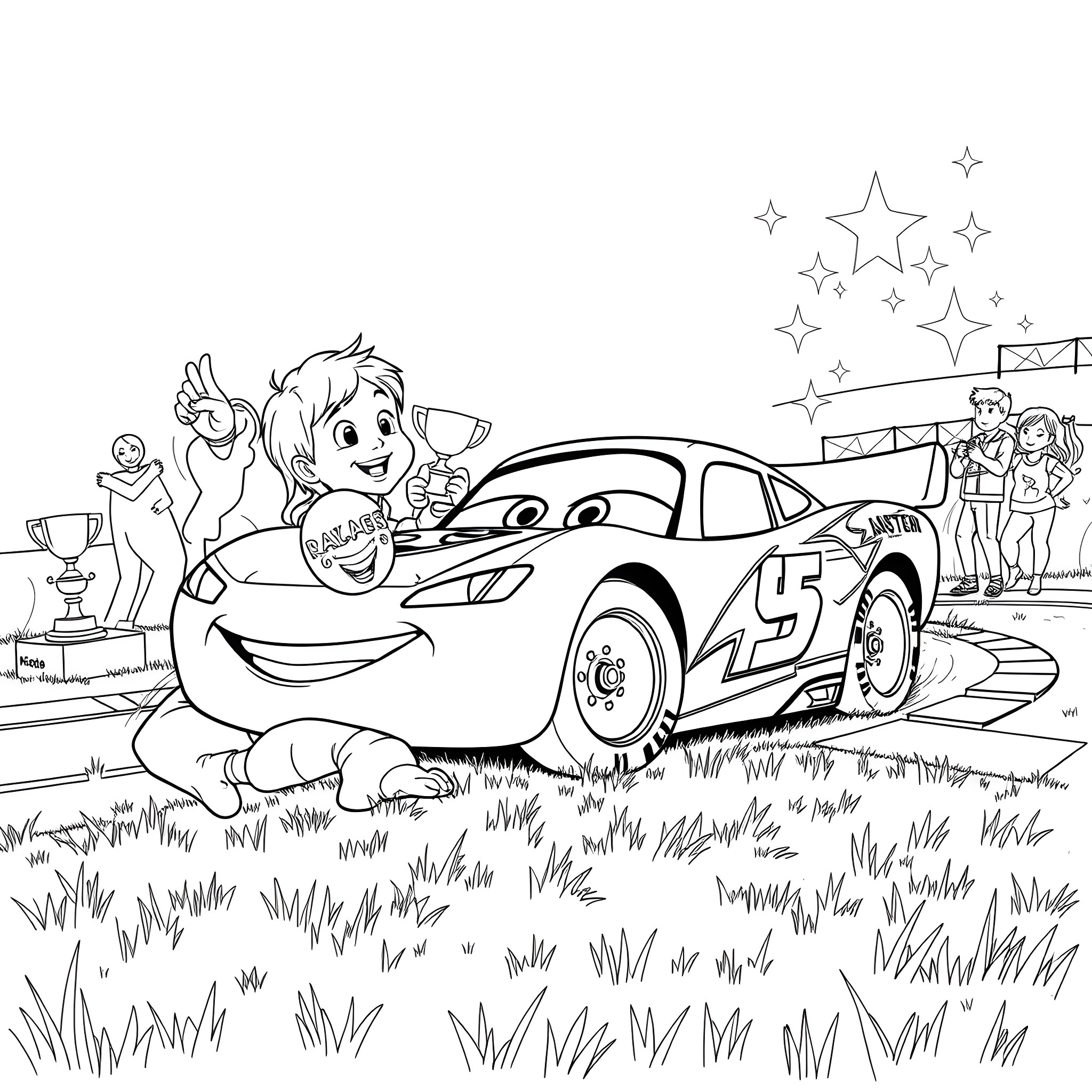 Kid enjoying a car racing scene with friends Coloring Page (free black-and-white line drawing printable PDF for all, from beginners to advanced learners, including children, teens, adults, and seniors)