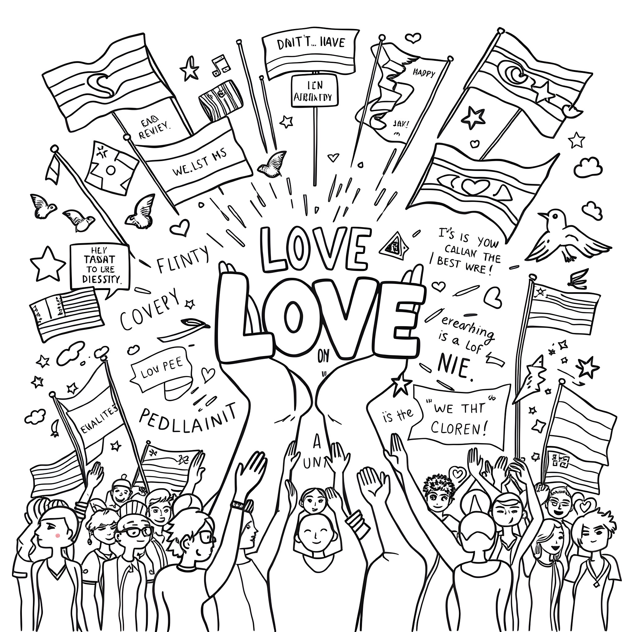 Pride in diverse expressions of love and community Coloring Page (free black-and-white line drawing printable PDF for all, from beginners to advanced learners, including children, teens, adults, and seniors)
