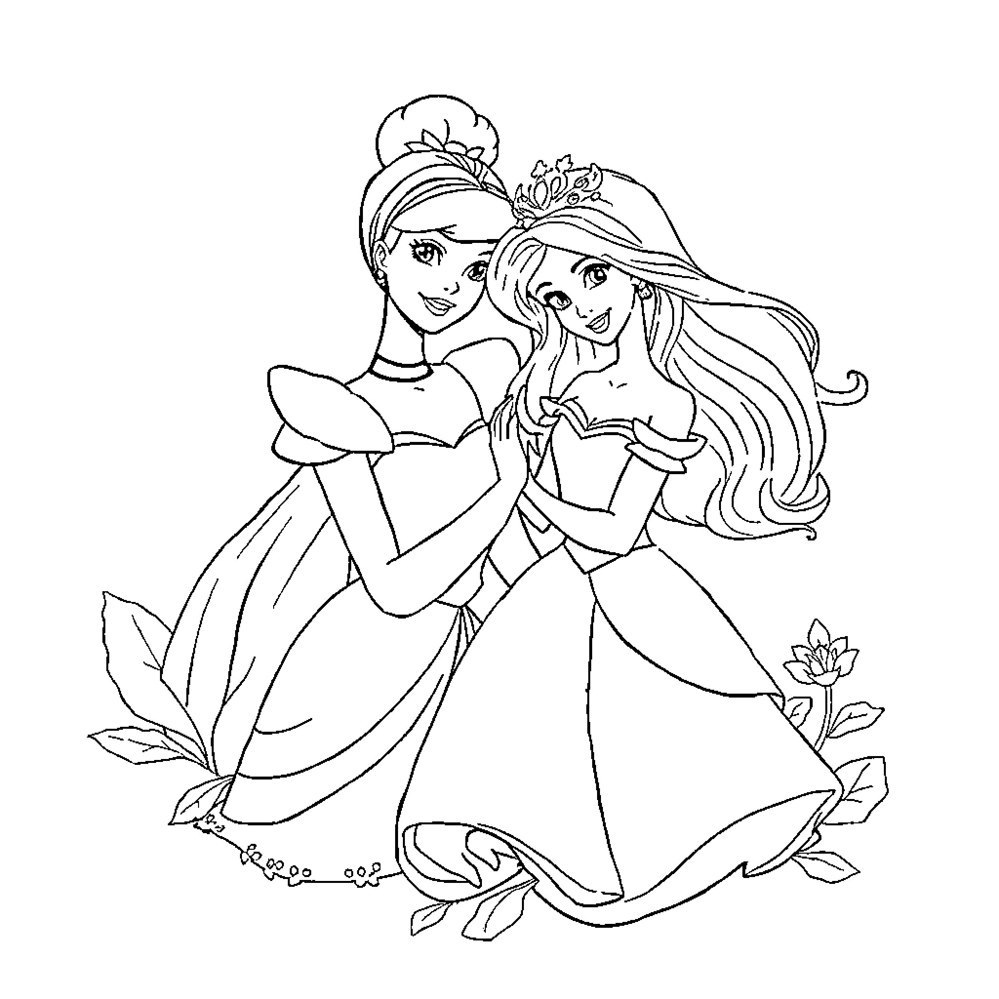 Disney Princess friends in elegant dresses Coloring Page (free black-and-white line drawing printable PDF for all, from beginners to advanced learners, including children, teens, adults, and seniors)