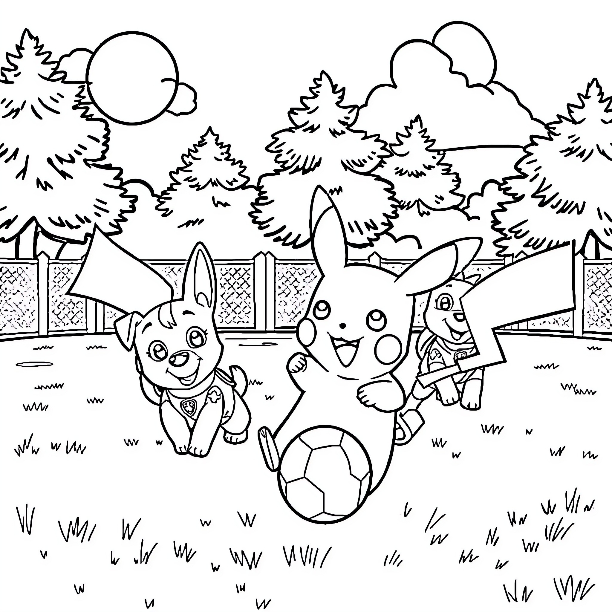 Pikachu and Friends Enjoying Outdoor Adventure Coloring Page (free black-and-white line drawing printable PDF for all, from beginners to advanced learners, including children, teens, adults, and seniors)