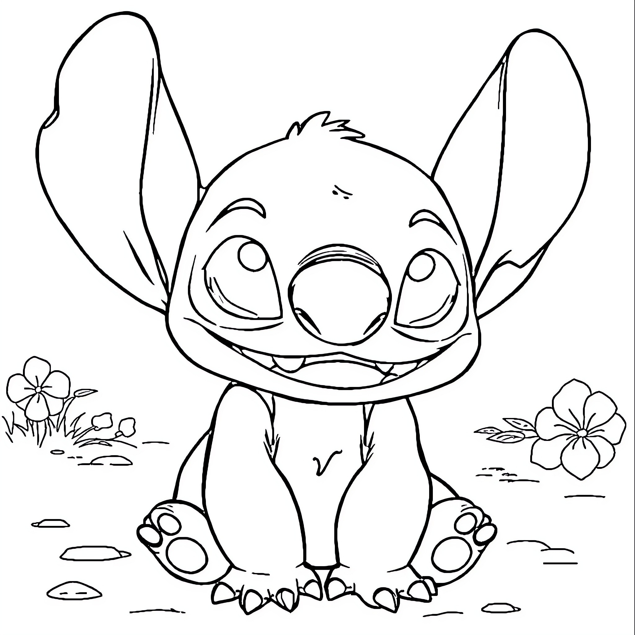 Stitch smiling and surrounded by flowers Coloring Page (free black-and-white line drawing printable PDF for all, from beginners to advanced learners, including children, teens, adults, and seniors)