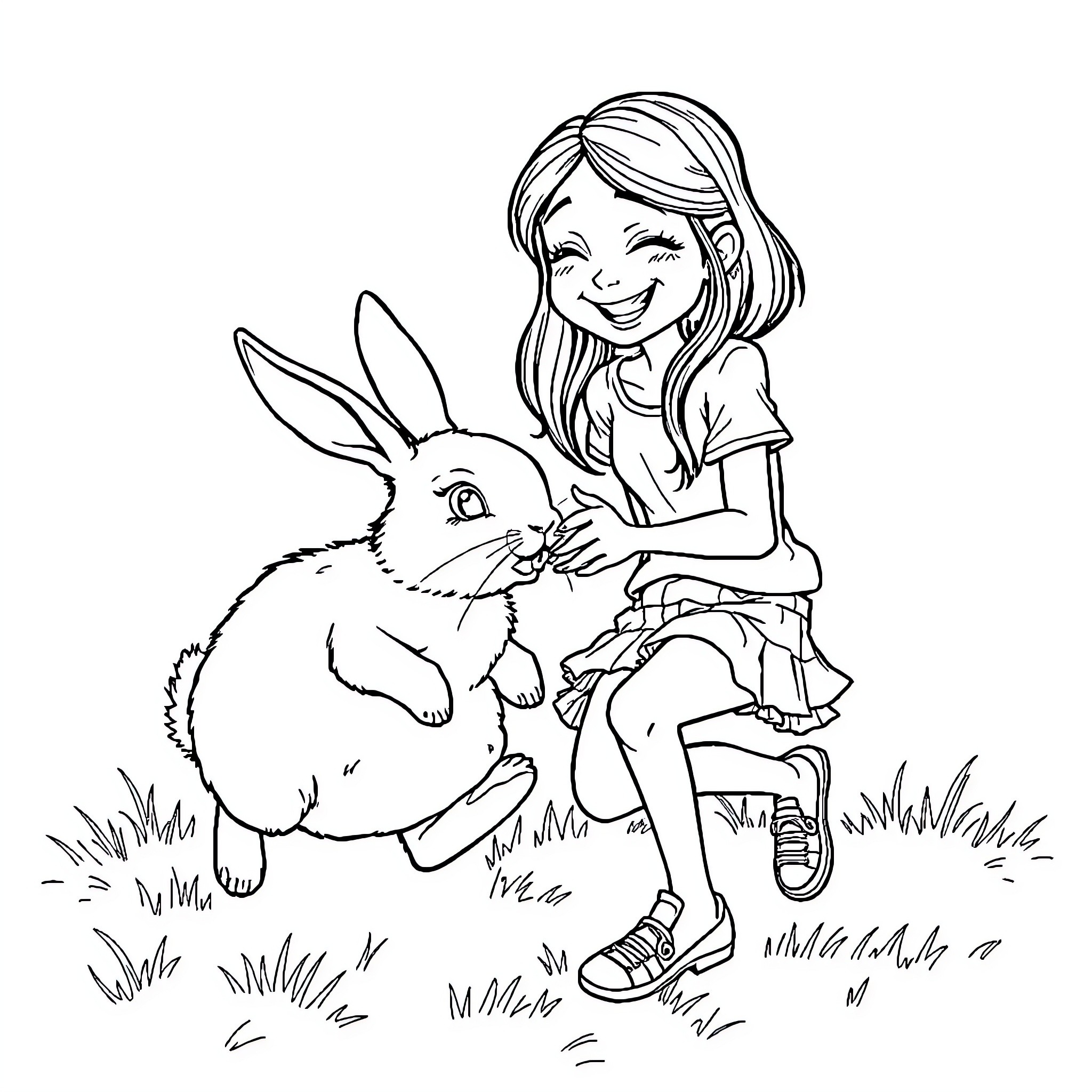 Bunny and girl playing happily in the meadow Coloring Page (free black-and-white line drawing printable PDF for all, from beginners to advanced learners, including children, teens, adults, and seniors)