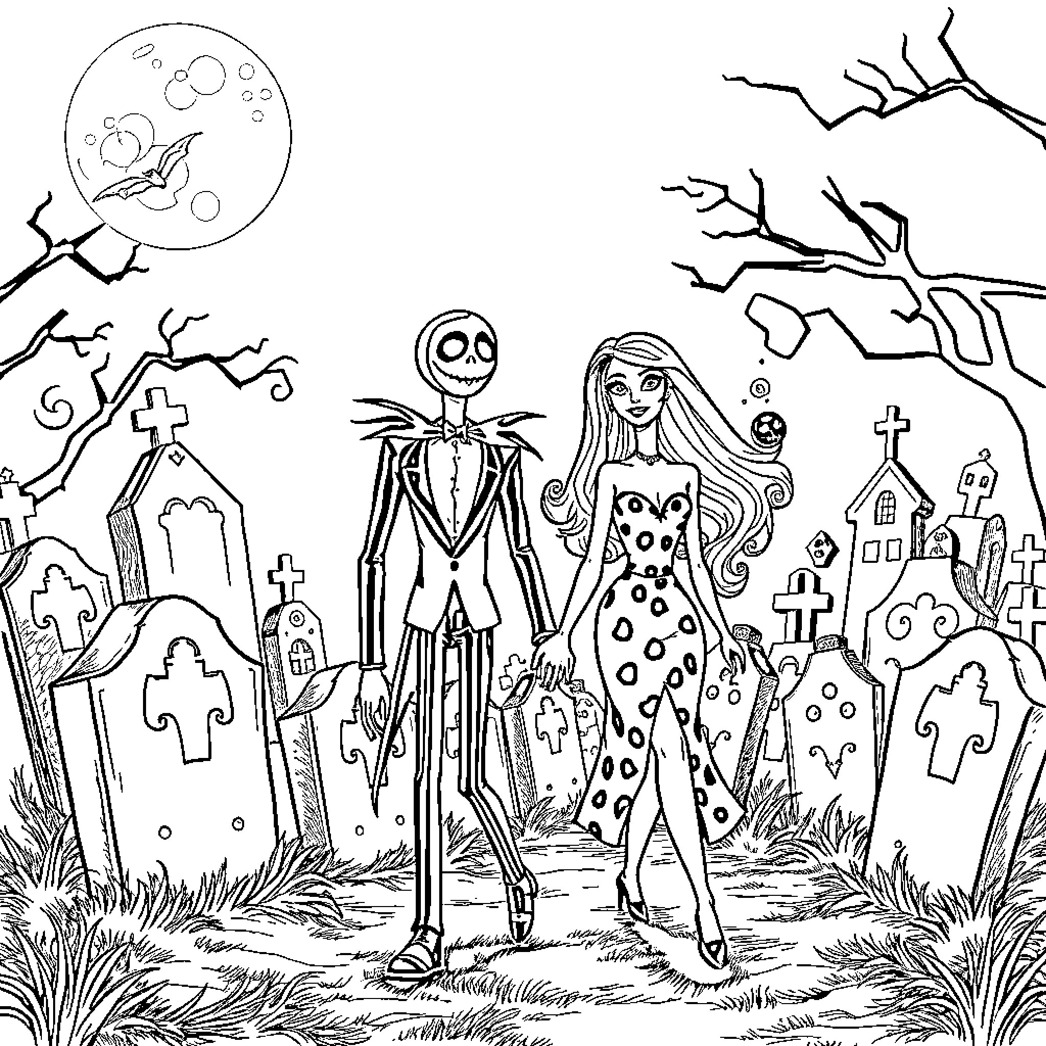 Beetlejuice and his ghoulish companion explore the spooky graveyard Coloring Page (free black-and-white line drawing printable PDF for all, from beginners to advanced learners, including children, teens, adults, and seniors)