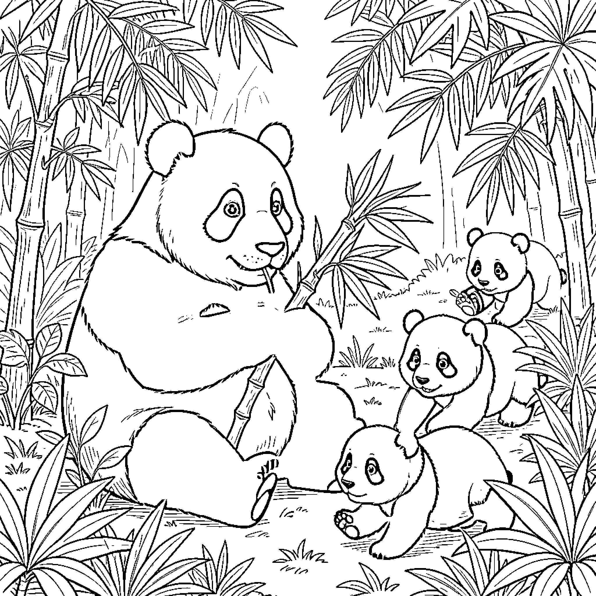Panda family eating bamboo in a forest Coloring Page (free black-and-white line drawing printable PDF for all, from beginners to advanced learners, including children, teens, adults, and seniors)