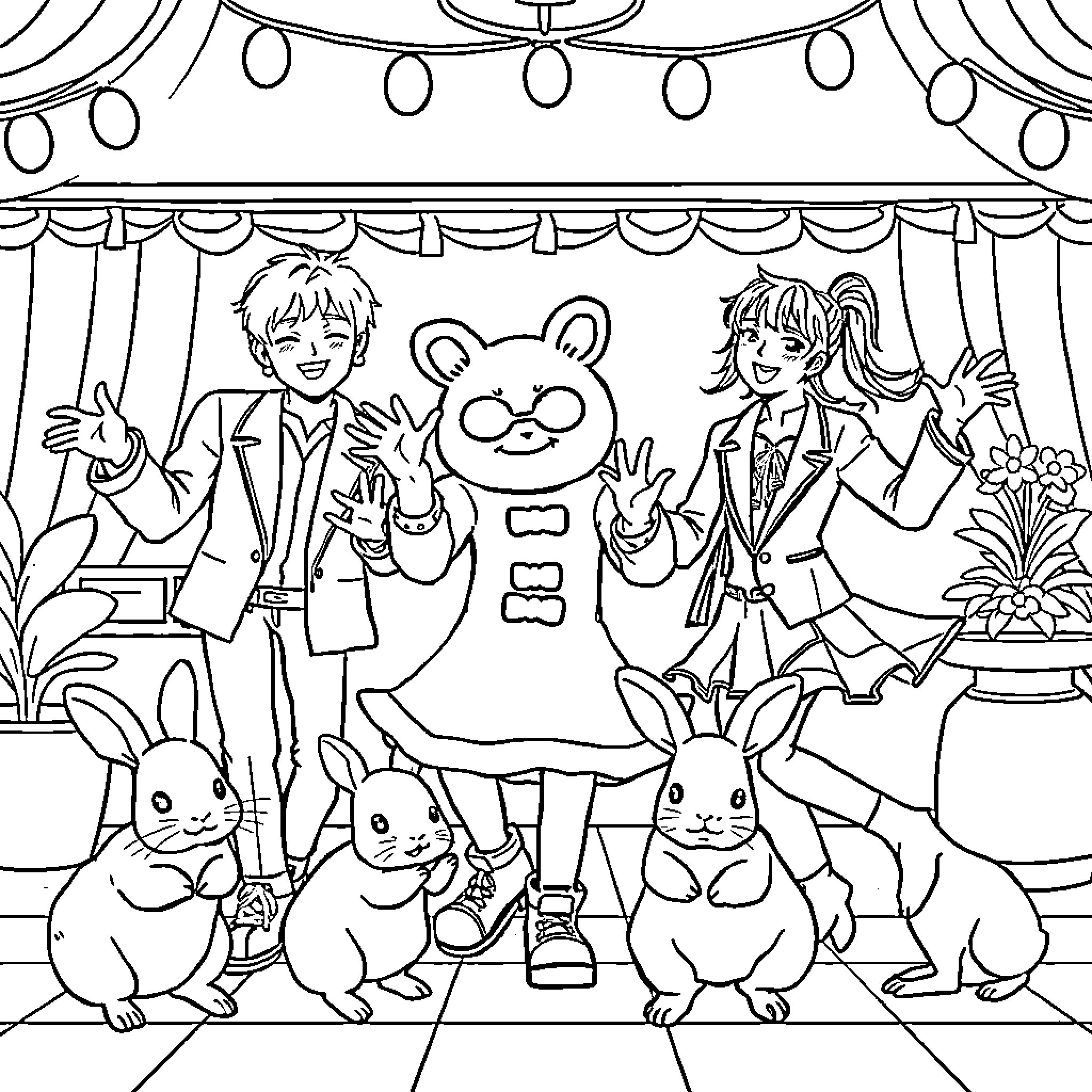 K Pop group performing with cute animal characters Coloring Page (free black-and-white line drawing printable PDF for all, from beginners to advanced learners, including children, teens, adults, and seniors)