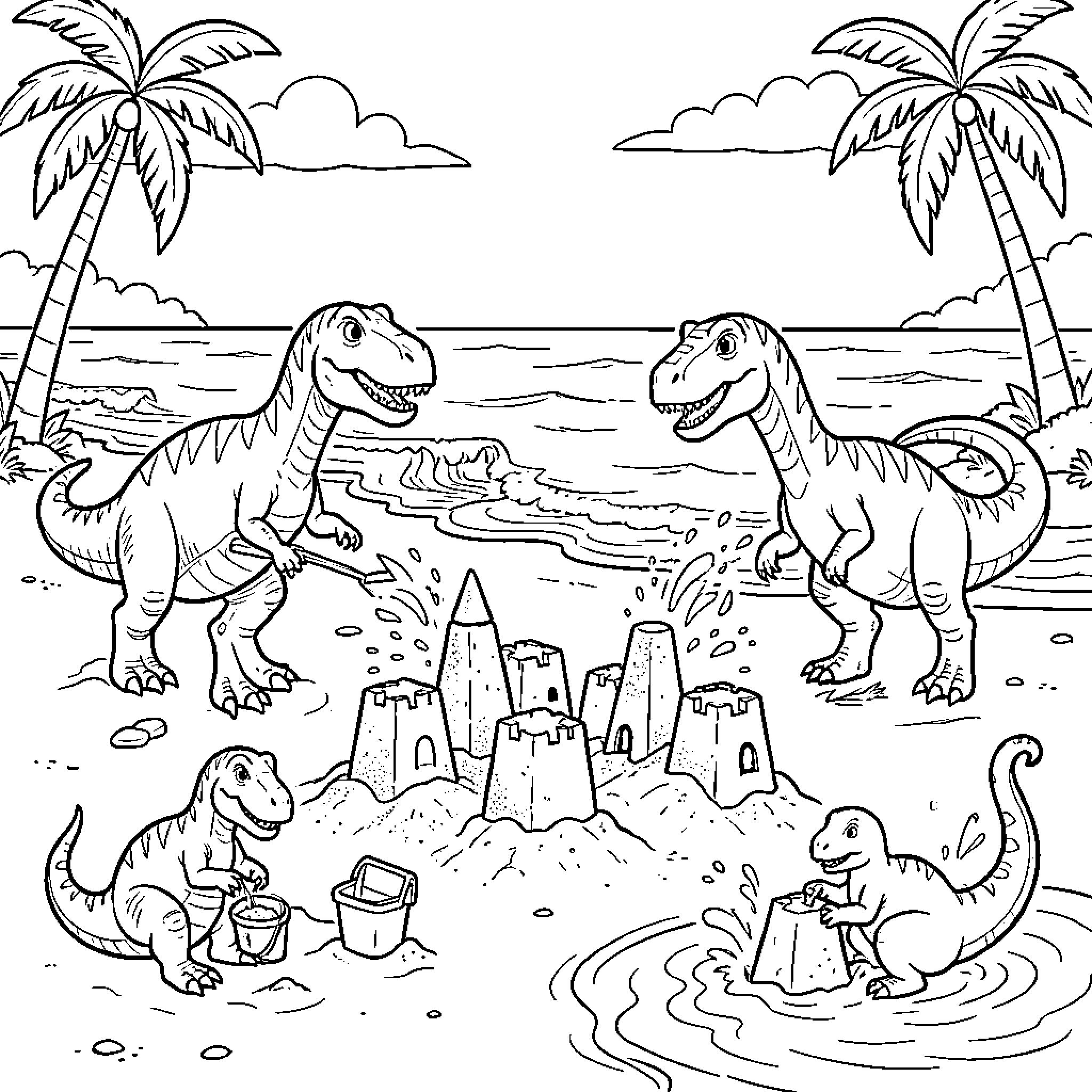 Dinosaurs frolicking on a tropical beach Coloring Page (free black-and-white line drawing printable PDF for all, from beginners to advanced learners, including children, teens, adults, and seniors)