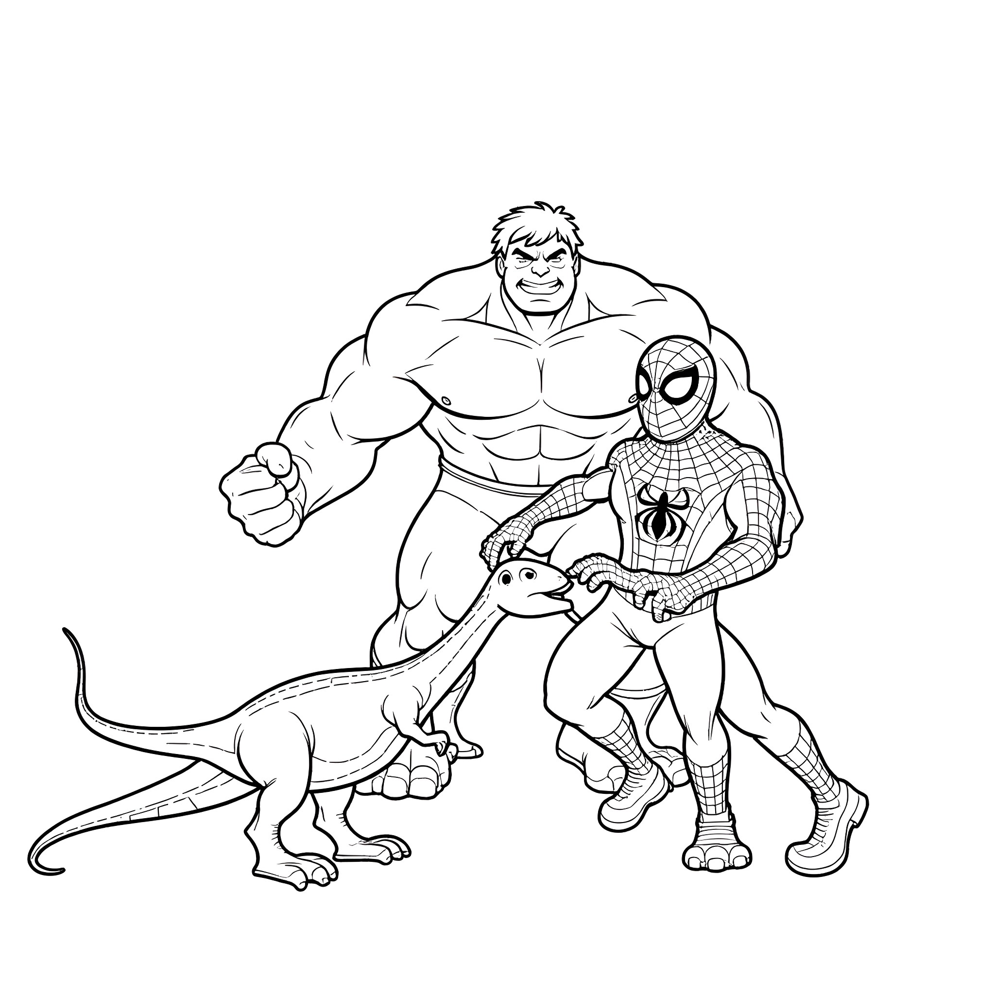 Spiderman and Hulk in action-packed adventure Coloring Page (free black-and-white line drawing printable PDF for all, from beginners to advanced learners, including children, teens, adults, and seniors)