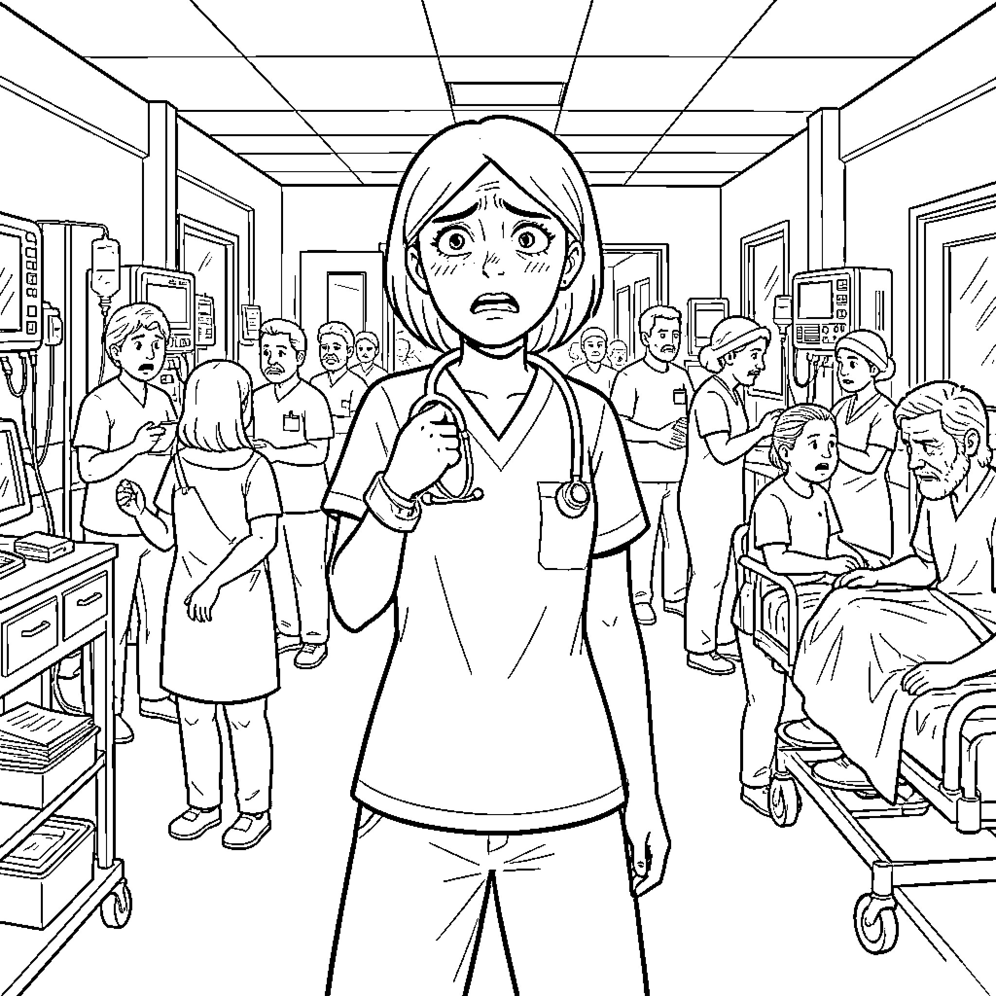 Nurse Facing Overwhelmed Situation in Hospital Coloring Page (free black-and-white line drawing printable PDF for all, from beginners to advanced learners, including children, teens, adults, and seniors)