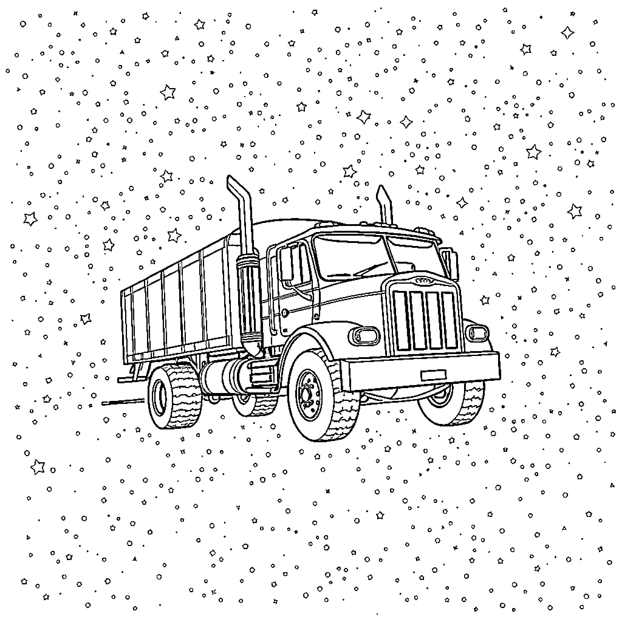 Truck driving through a starry night Coloring Page (free black-and-white line drawing printable PDF for all, from beginners to advanced learners, including children, teens, adults, and seniors)