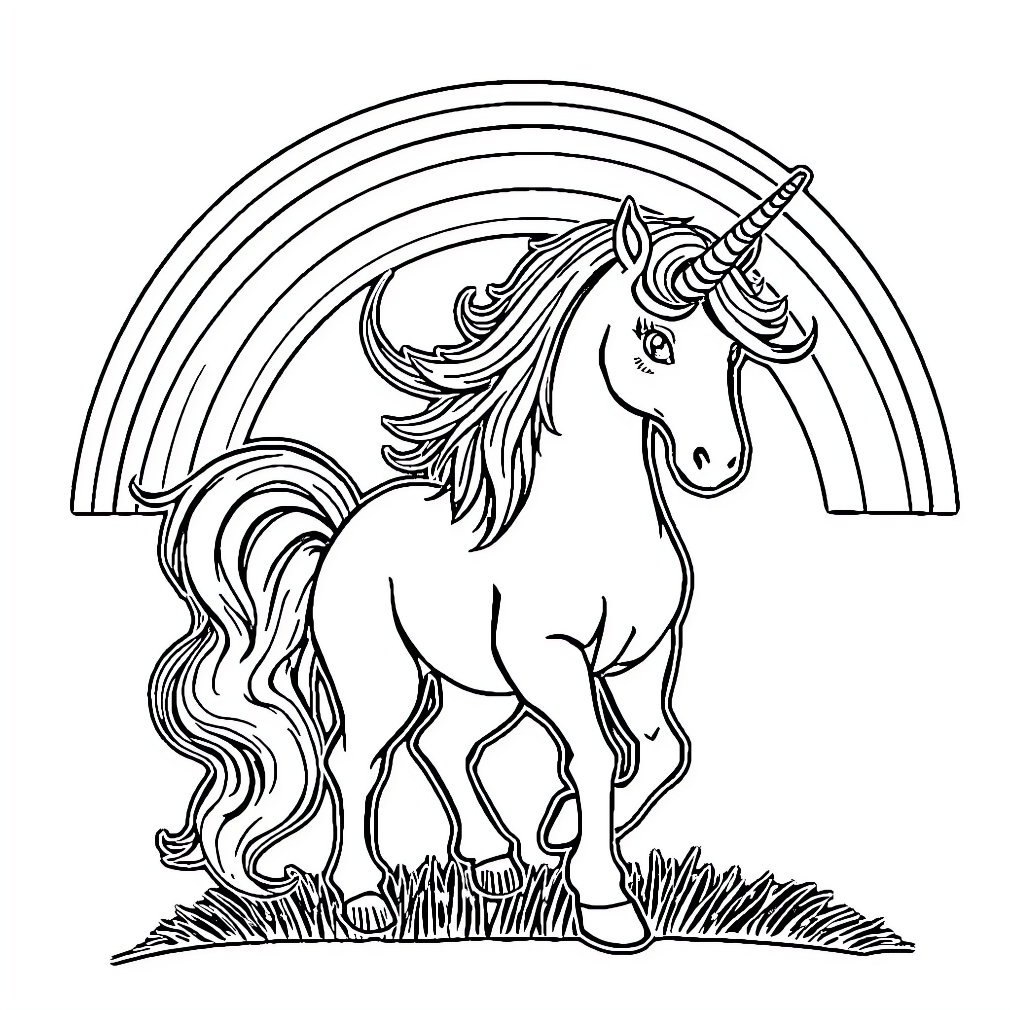 Unicorn running through a rainbow field Coloring Page (free black-and-white line drawing printable PDF for all, from beginners to advanced learners, including children, teens, adults, and seniors)