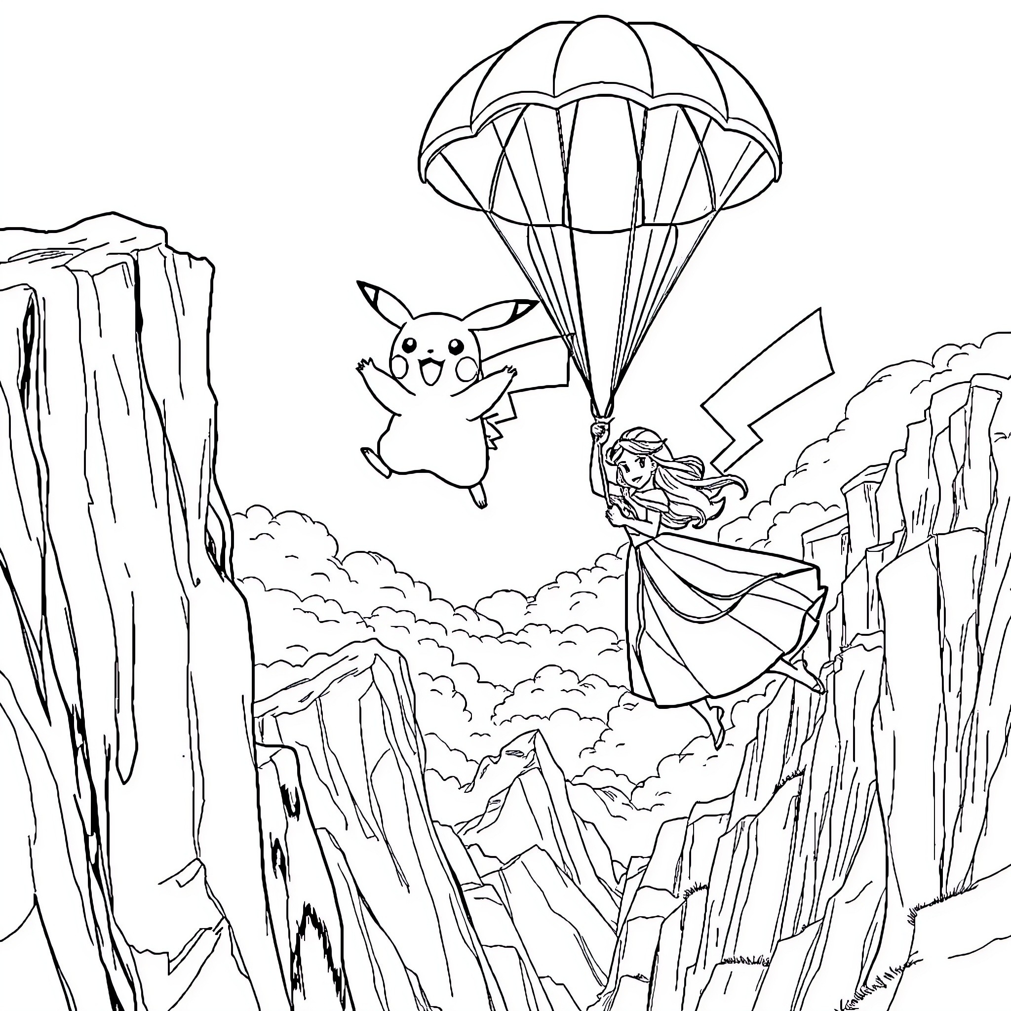 Pikachu parachuting with adventurous explorer Coloring Page (free black-and-white line drawing printable PDF for all, from beginners to advanced learners, including children, teens, adults, and seniors)